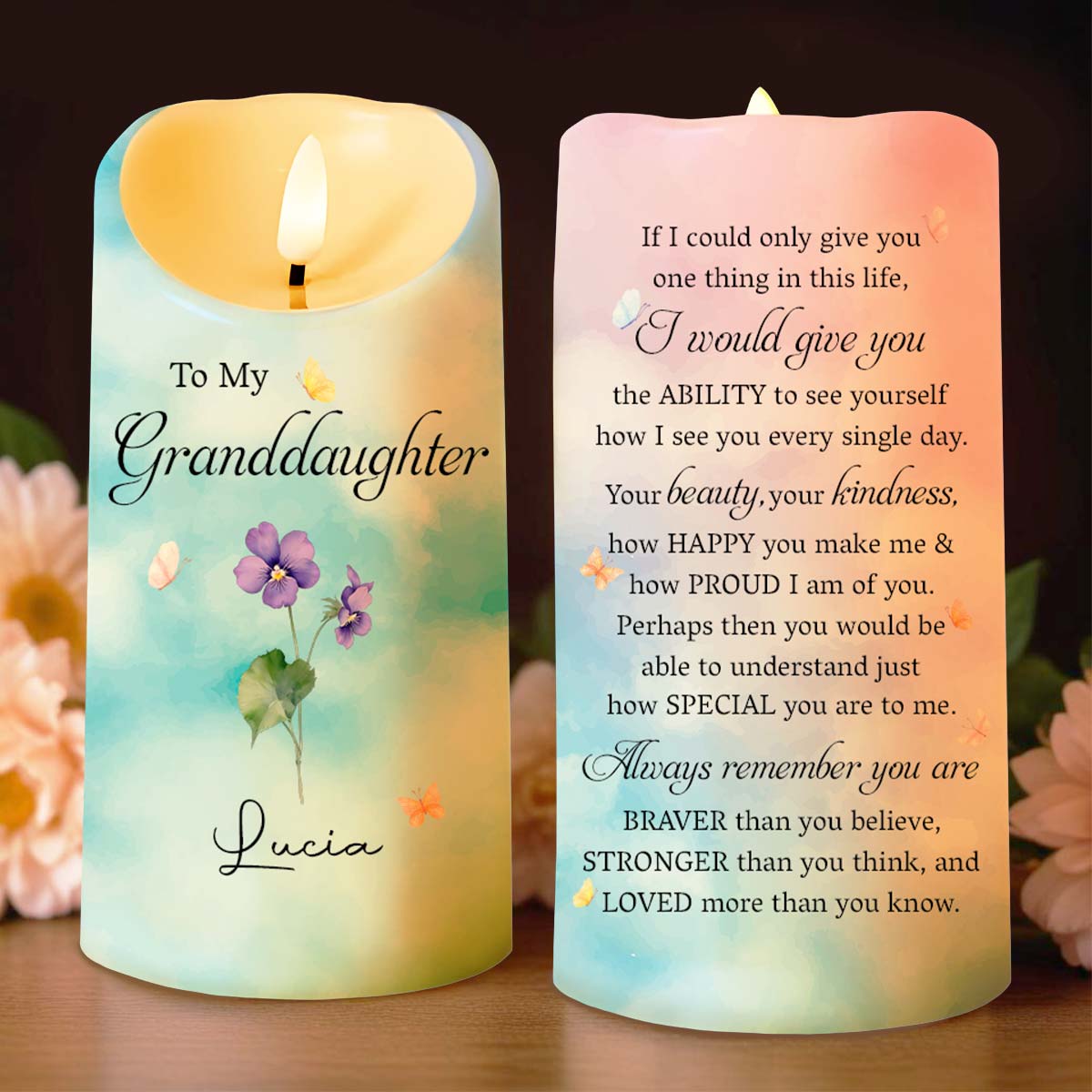 To My Granddaughter, Beauty And Strength Message With Flowers - Personalized Custom LED Candle - GDT318_LECA