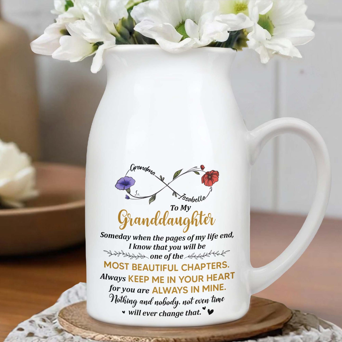 To My Granddaughter Always Keep Me In Your Heart - Personalized Ceramic Flower Vase
