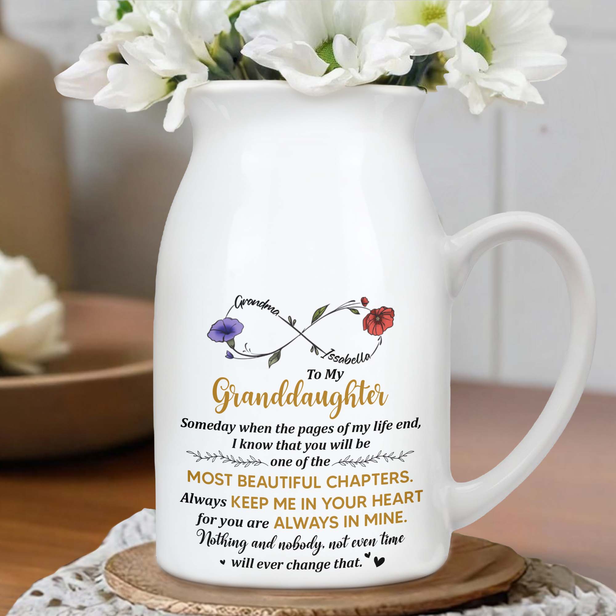 To My Granddaughter Always Keep Me In Your Heart - Personalized Ceramic Flower Vase