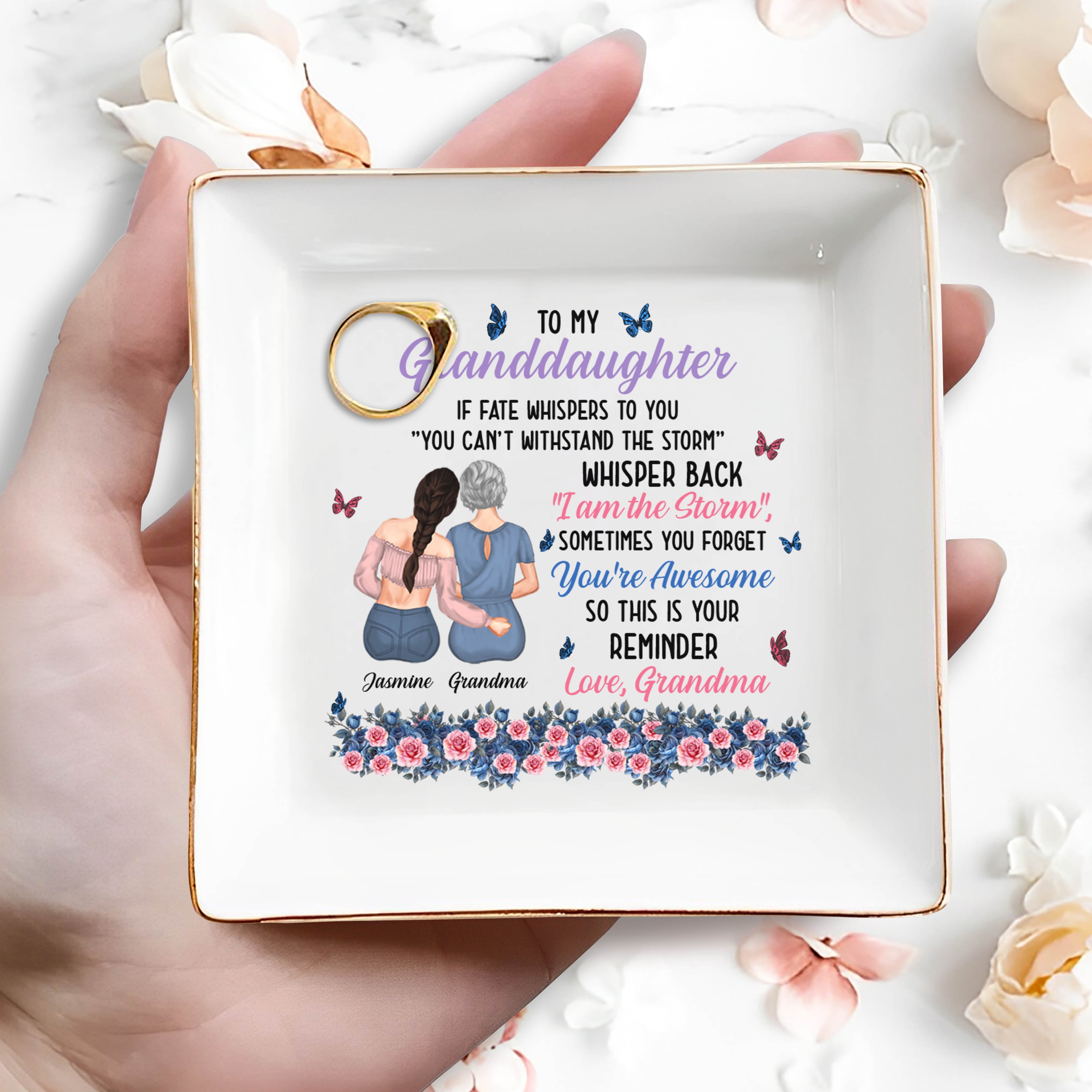 To My Granddaughter, You're Awesome Reminder, Butterflies And Flowers - Personalized Custom Jewelry Dish, Square Ceramic Dish - GDT322_SCRD
