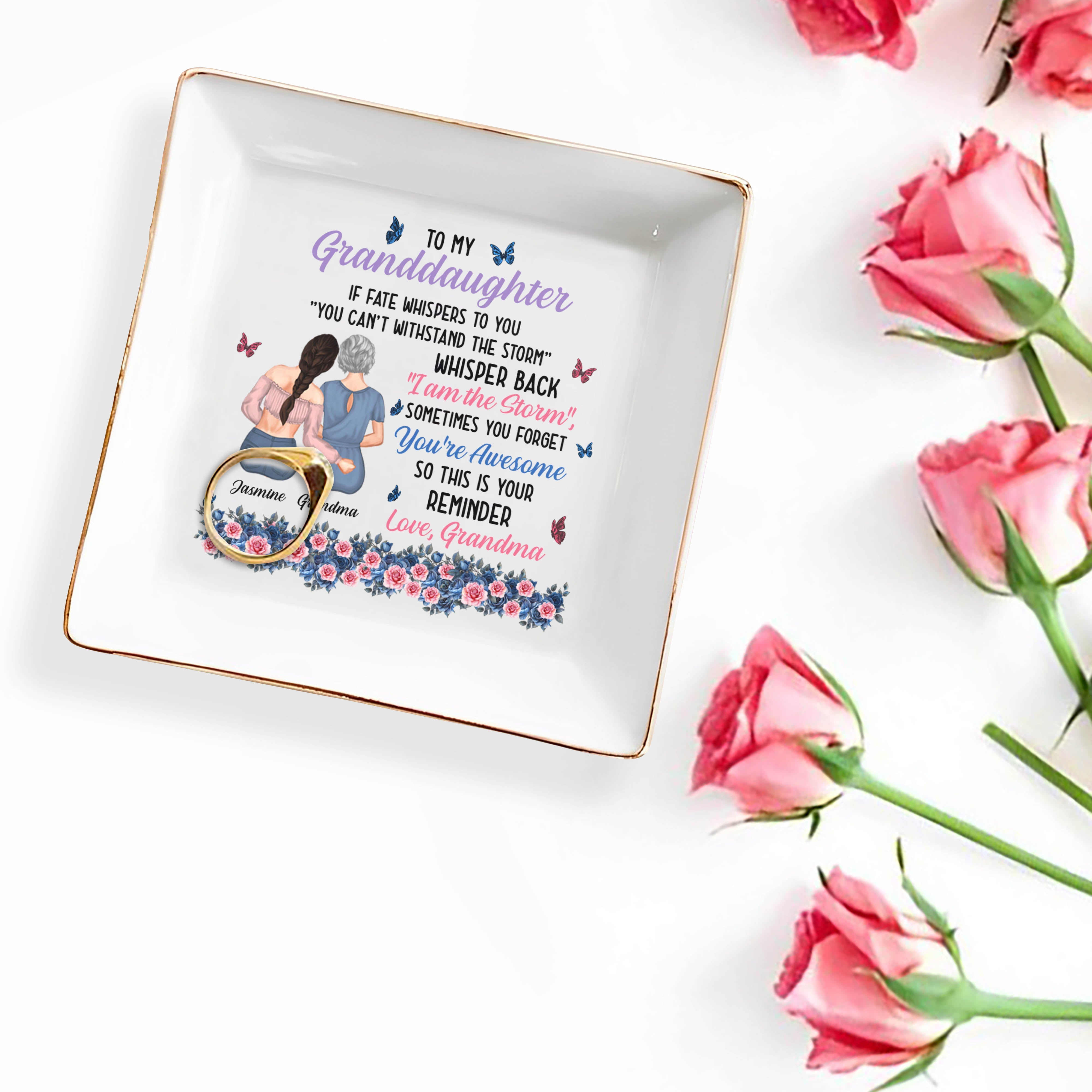 To My Granddaughter, You're Awesome Reminder, Butterflies And Flowers - Personalized Custom Jewelry Dish, Square Ceramic Dish - GDT322_SCRD