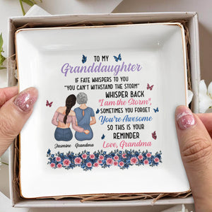 To My Granddaughter, You're Awesome Reminder, Butterflies And Flowers - Personalized Custom Jewelry Dish, Square Ceramic Dish - GDT322_SCRD
