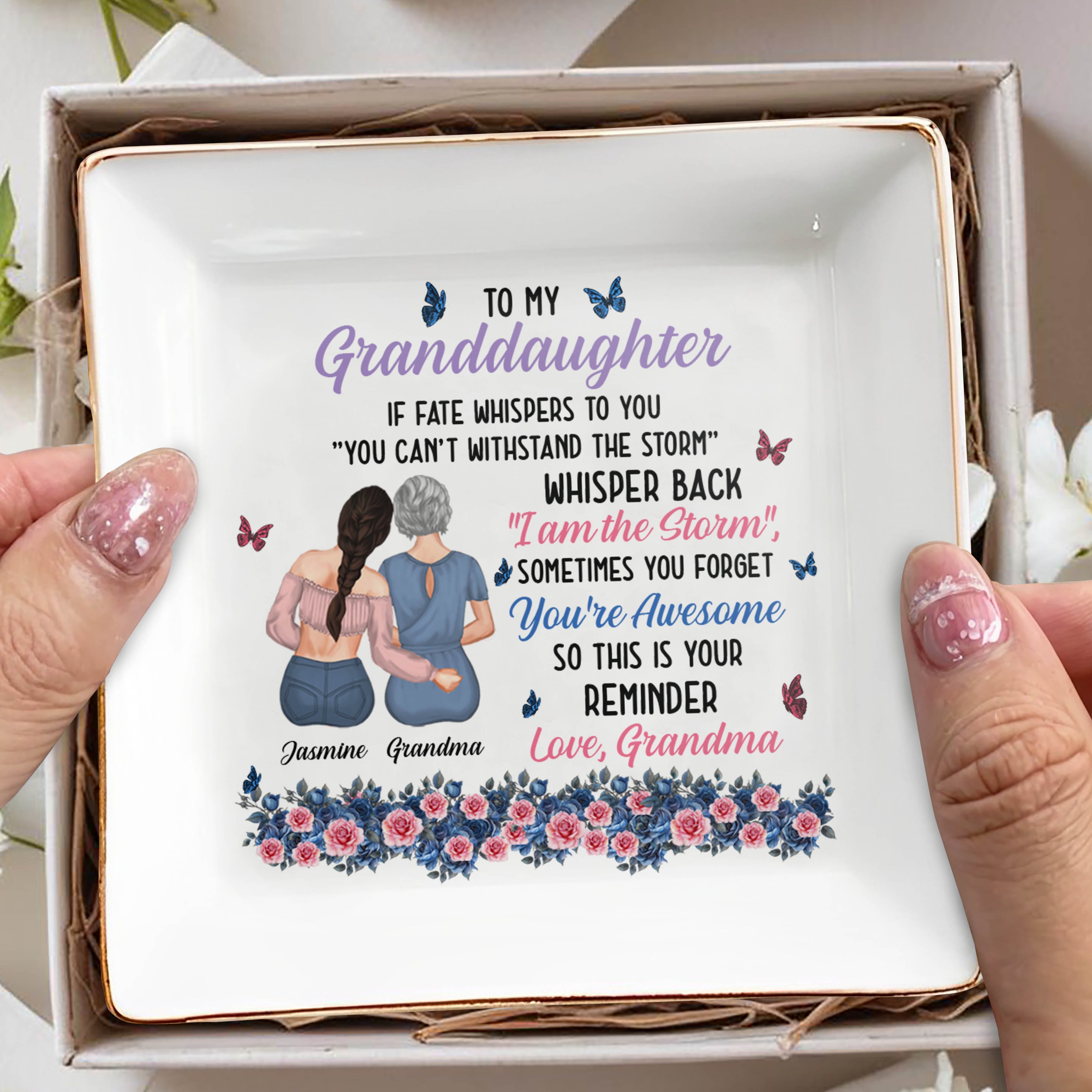 To My Granddaughter, You're Awesome Reminder, Butterflies And Flowers - Personalized Custom Jewelry Dish, Square Ceramic Dish - GDT322_SCRD