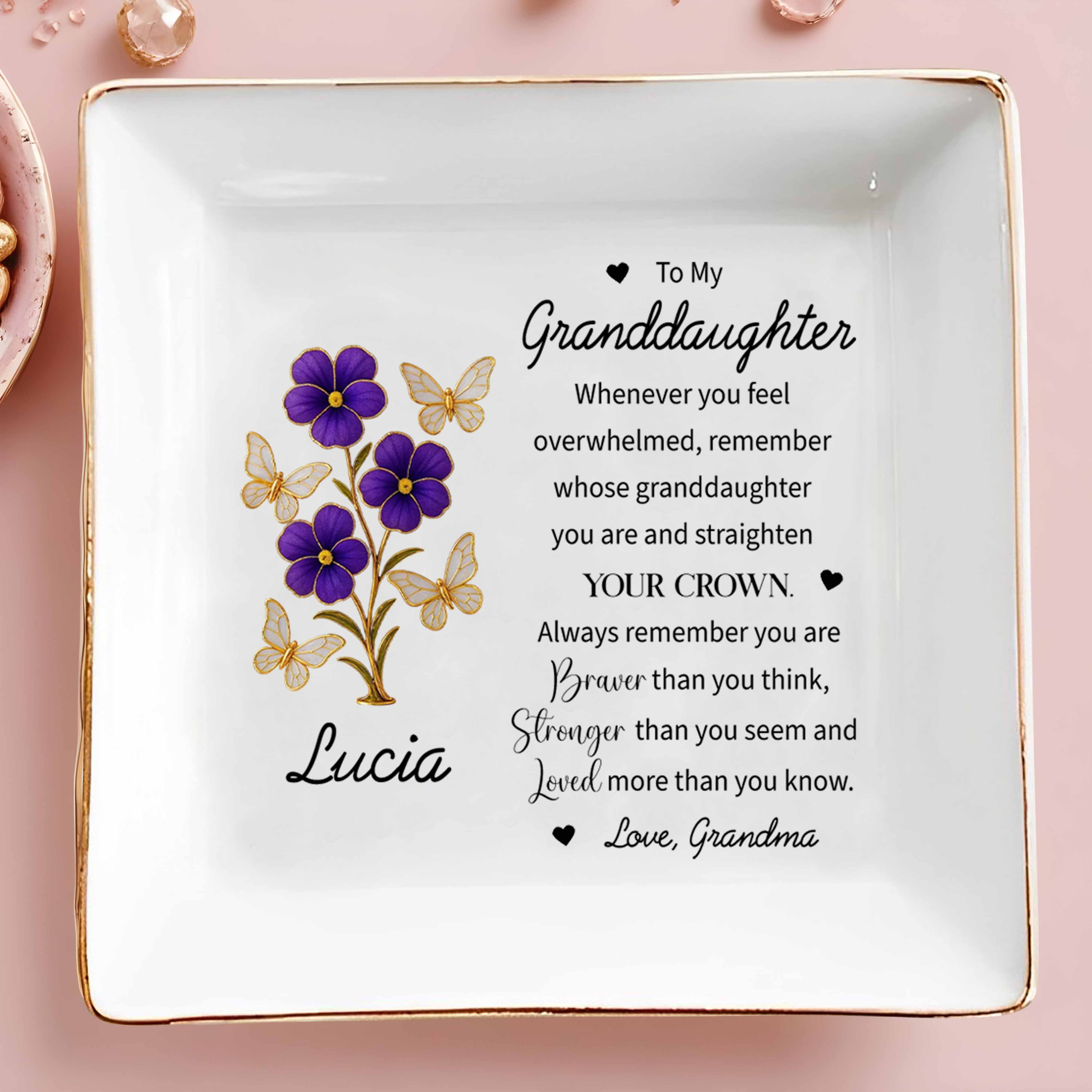 To My Granddaughter, Remember You Are Braver - Personalized Custom Jewelry Dish, Square Ceramic Dish - GDT324_SCRD
