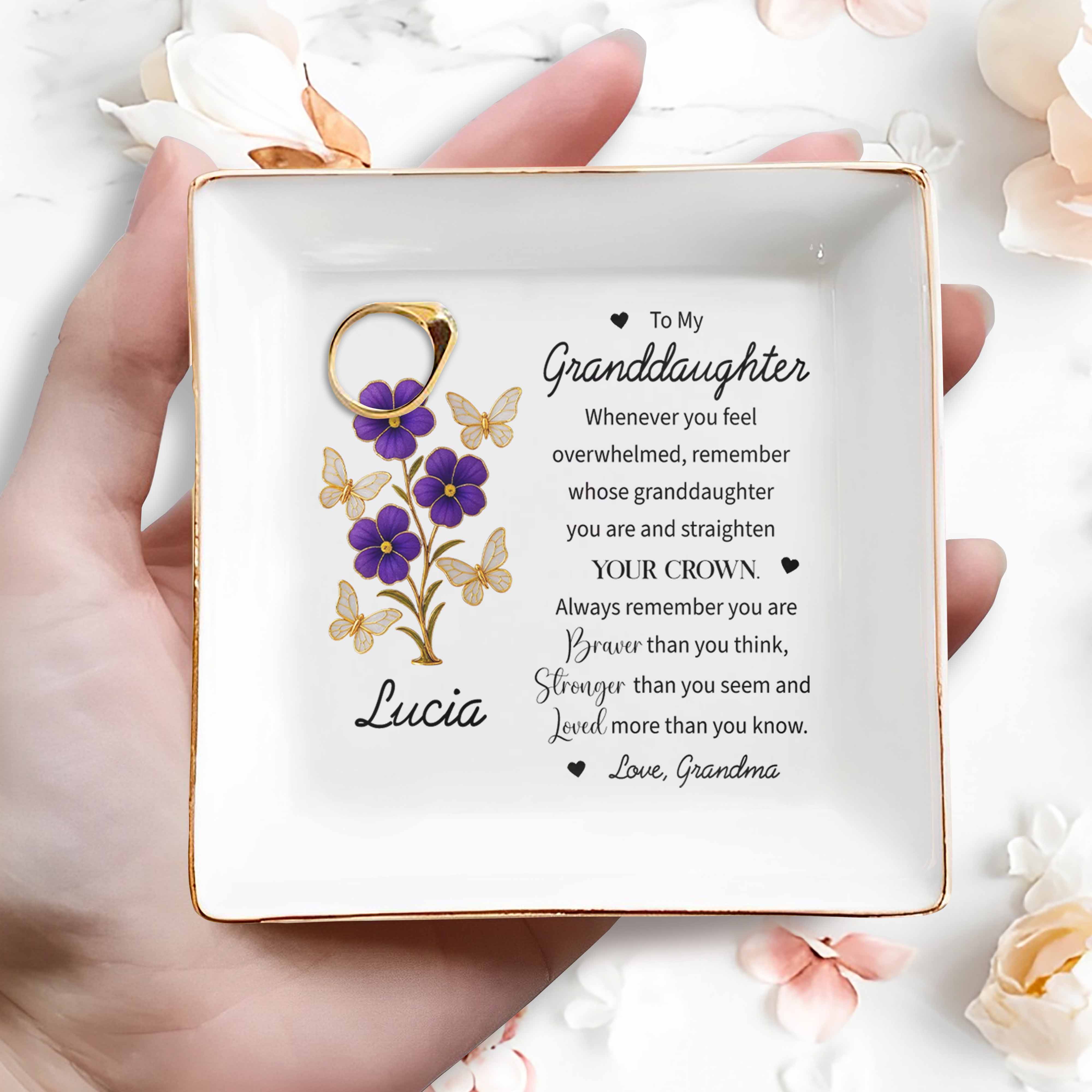 To My Granddaughter, Remember You Are Braver - Personalized Custom Jewelry Dish, Square Ceramic Dish - GDT324_SCRD