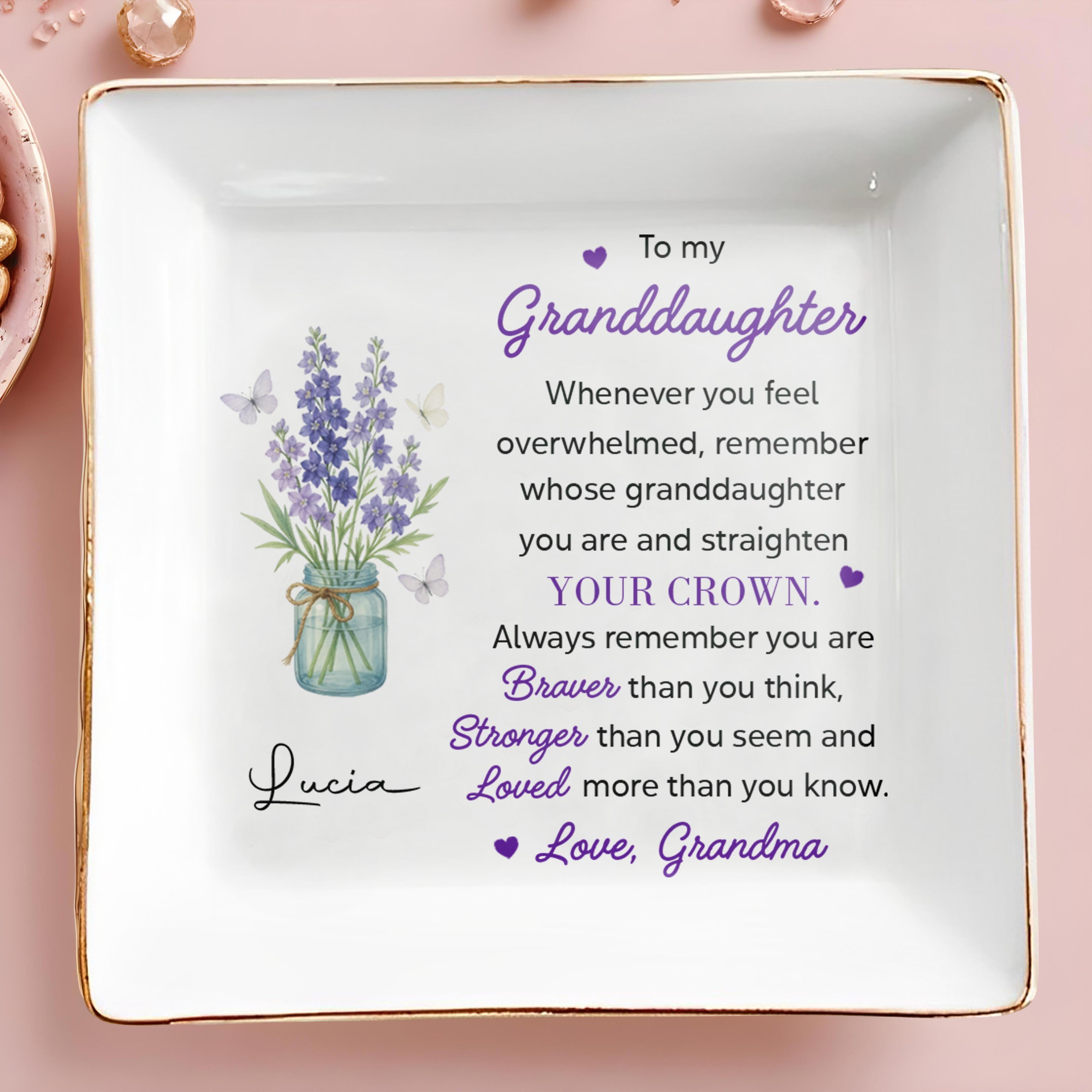 To My Granddaughter, Remember You Are Braver, Lavender And Butterflies - Personalized Custom Jewelry Dish, Square Ceramic Dish - GDT325_SCRD