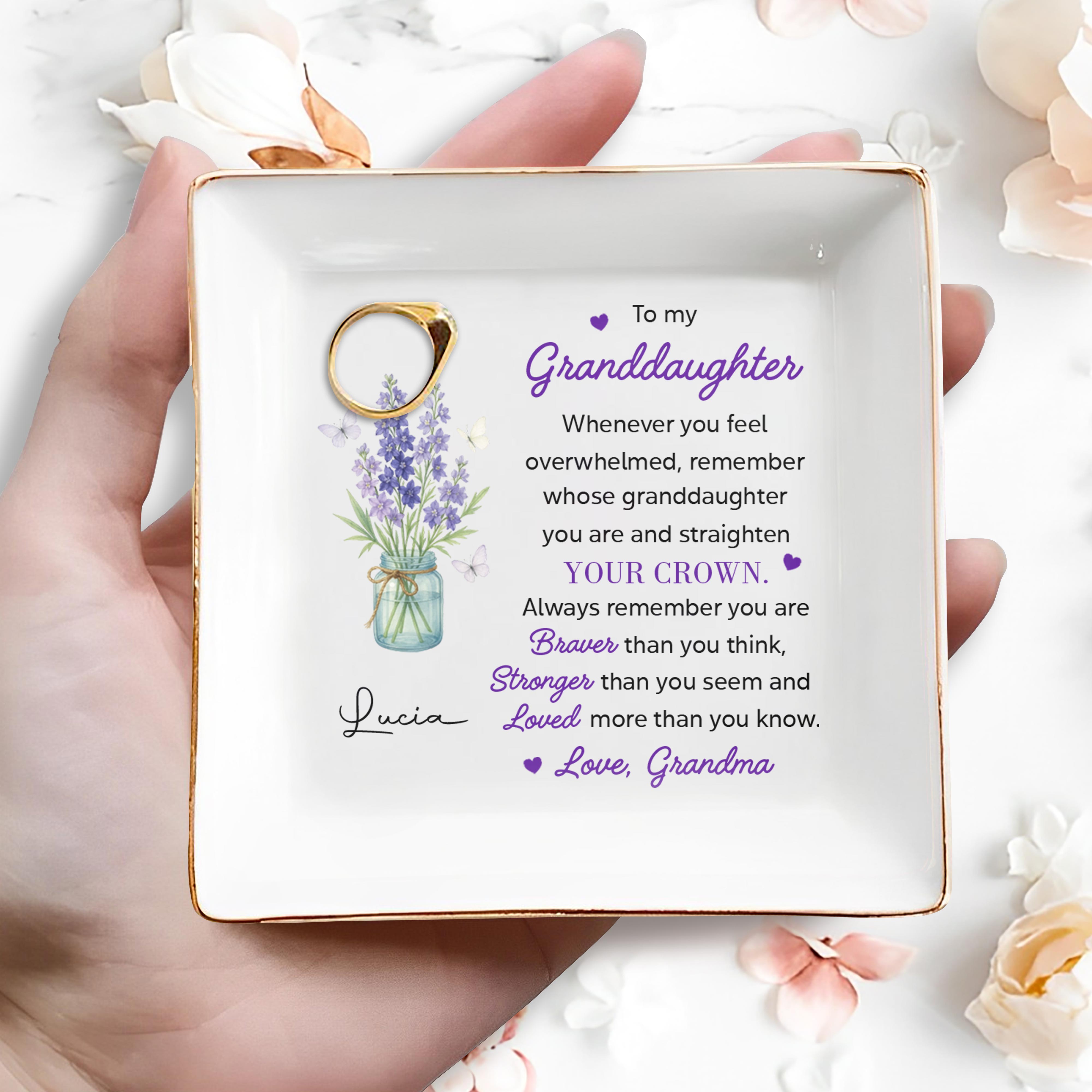 To My Granddaughter, Remember You Are Braver, Lavender And Butterflies - Personalized Custom Jewelry Dish, Square Ceramic Dish - GDT325_SCRD