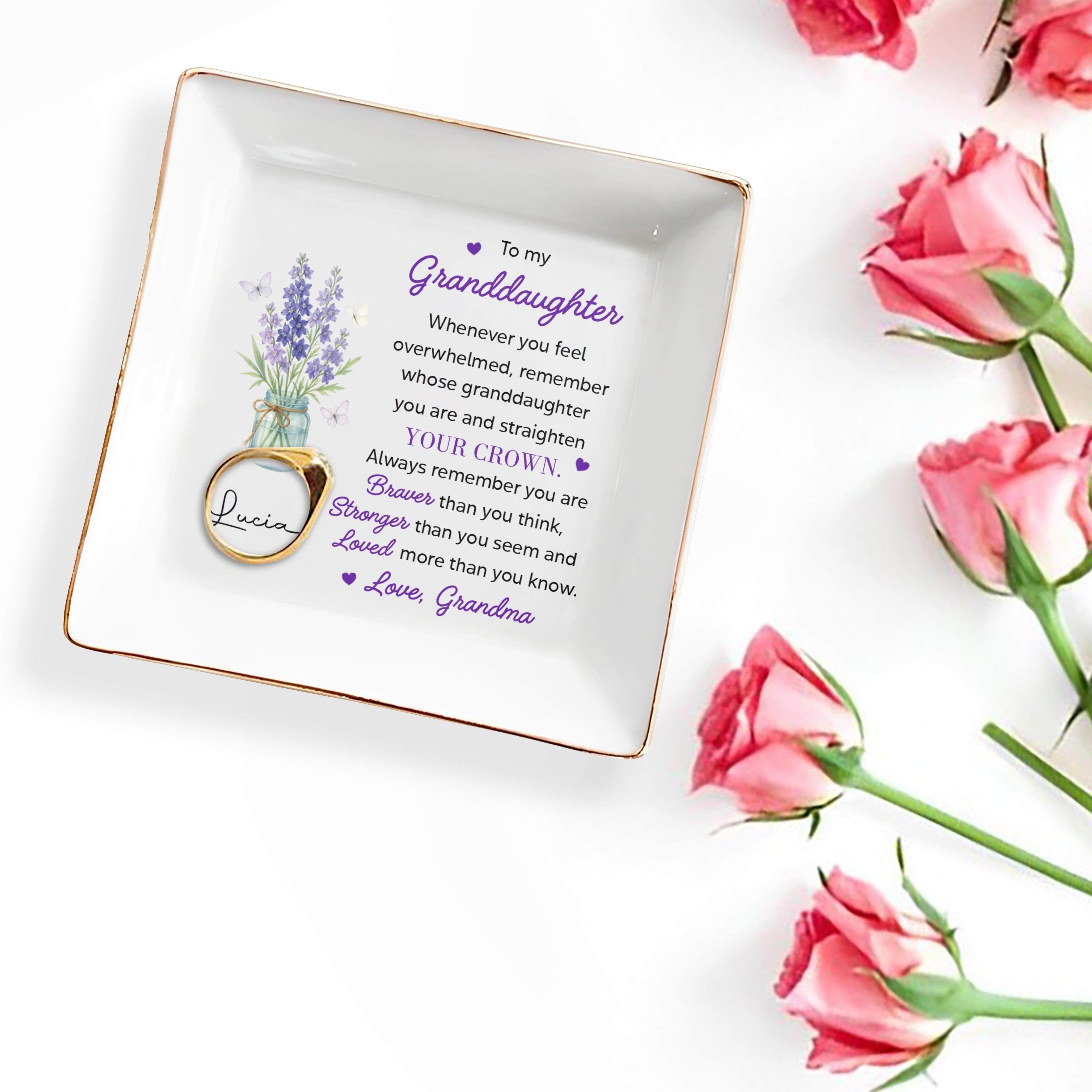 To My Granddaughter, Remember You Are Braver, Lavender And Butterflies - Personalized Custom Jewelry Dish, Square Ceramic Dish - GDT325_SCRD