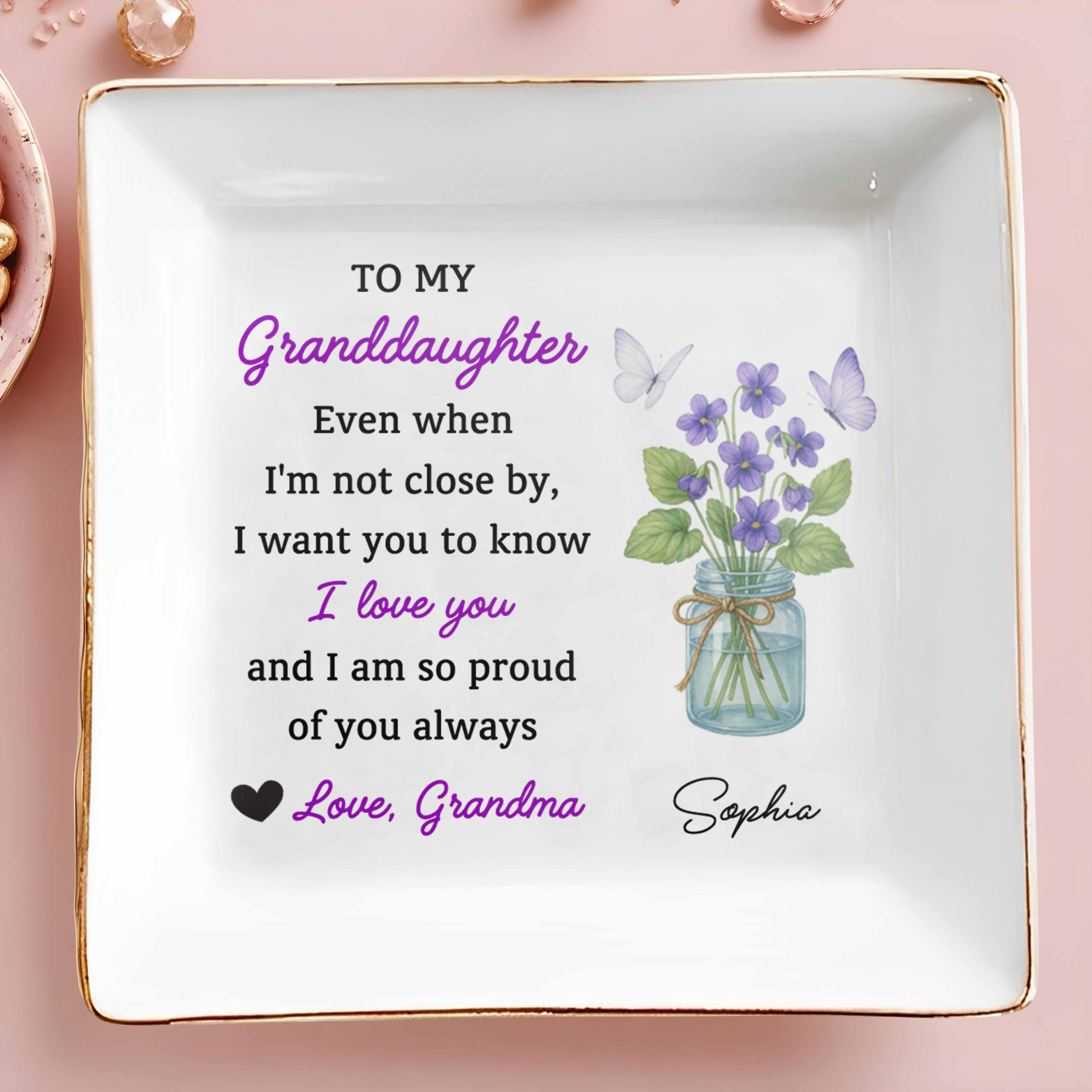 To My Granddaughter, Love And Pride Message, Butterflies And Violets - Personalized Custom Jewelry Dish, Square Ceramic Dish - GDT327_SCRD