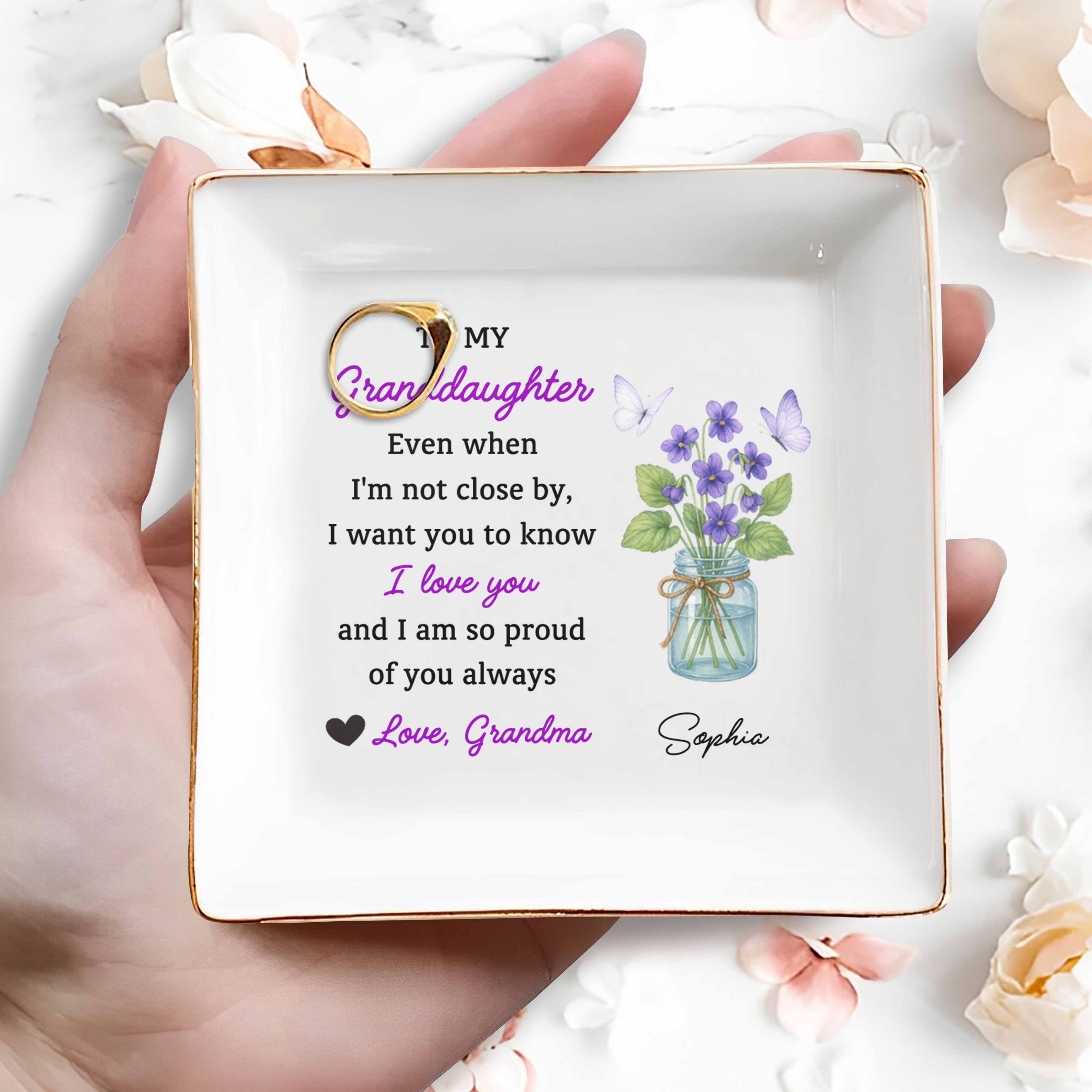 To My Granddaughter, Love And Pride Message, Butterflies And Violets - Personalized Custom Jewelry Dish, Square Ceramic Dish - GDT327_SCRD