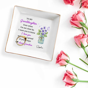 To My Granddaughter, Love And Pride Message, Butterflies And Violets - Personalized Custom Jewelry Dish, Square Ceramic Dish - GDT327_SCRD