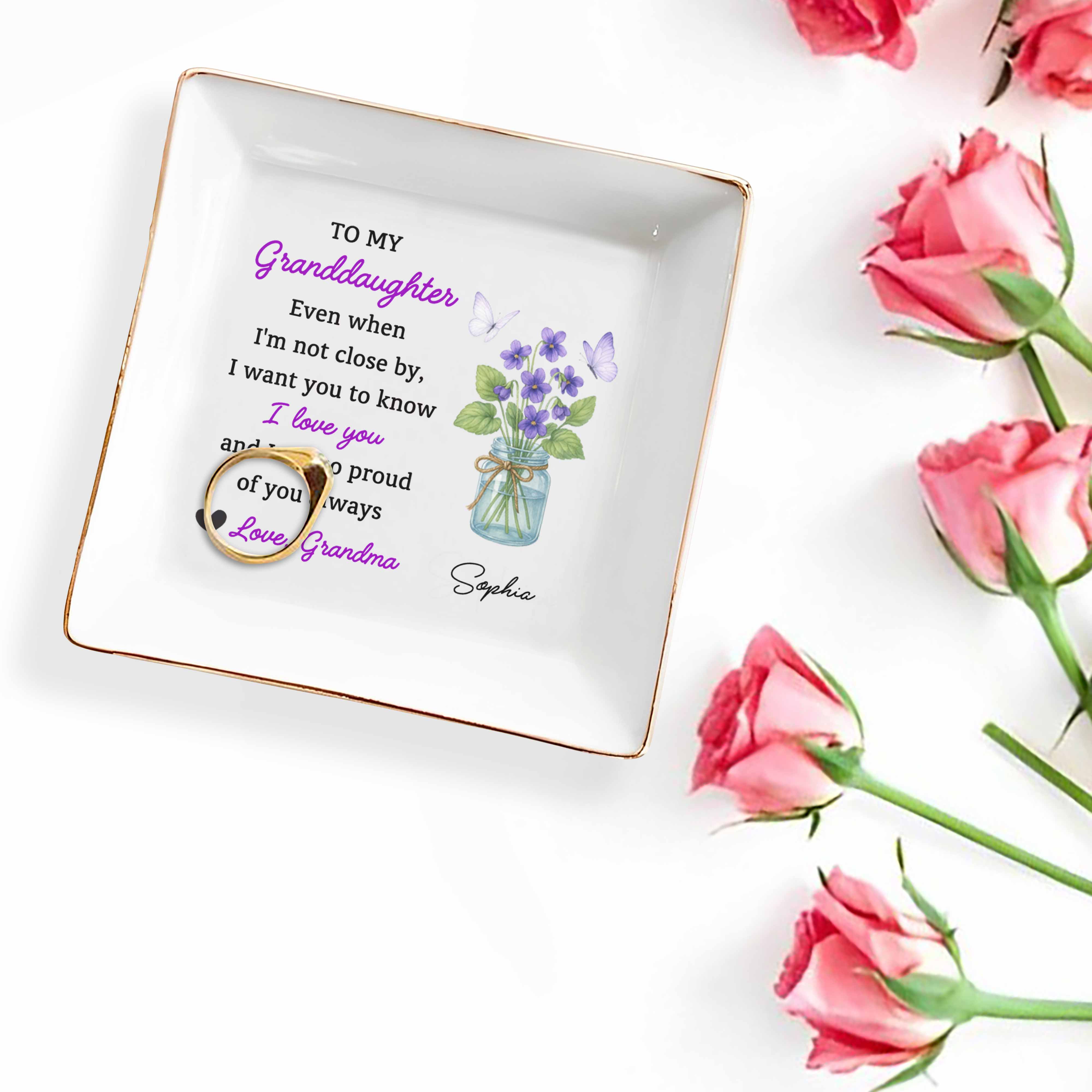 To My Granddaughter, Love And Pride Message, Butterflies And Violets - Personalized Custom Jewelry Dish, Square Ceramic Dish - GDT327_SCRD