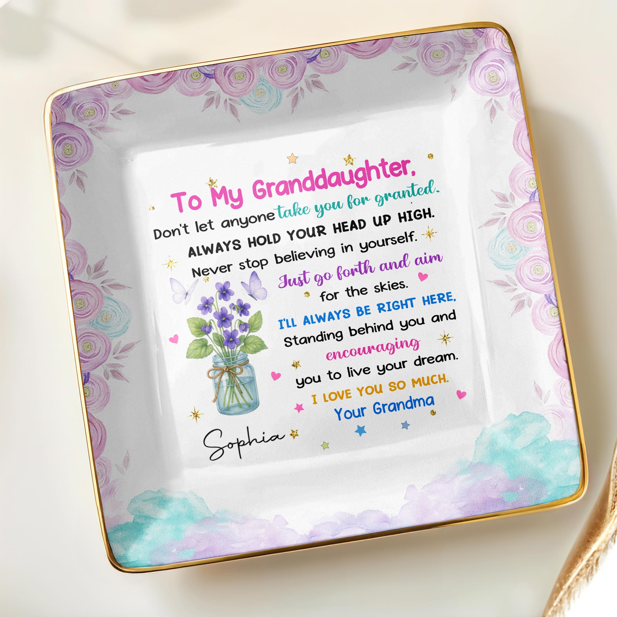 To My Granddaughter, Always Hold Your Head Up High, Flowers and Stars - Personalized Custom Jewelry Dish, Ceramic Dish, Square Shape - GDT329_SCRF