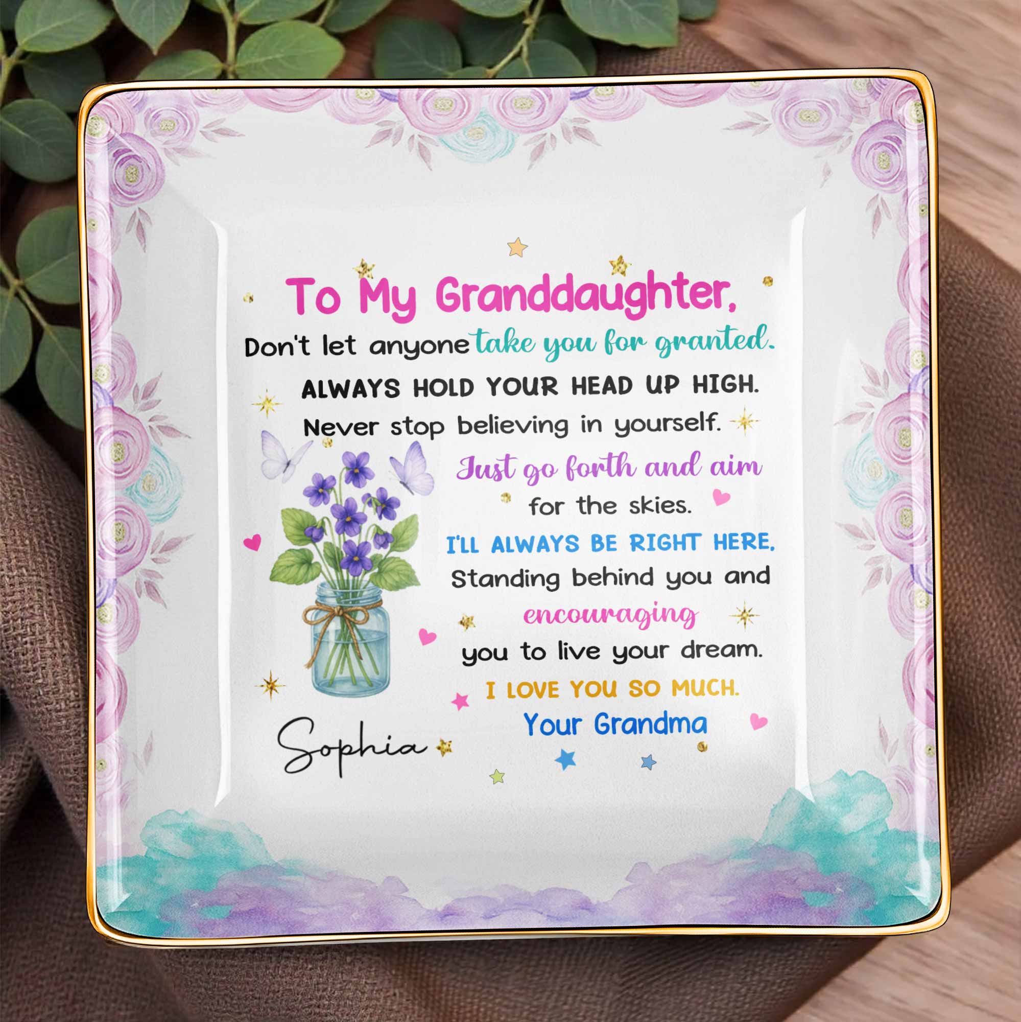 To My Granddaughter, Always Hold Your Head Up High, Flowers and Stars - Personalized Custom Jewelry Dish, Ceramic Dish, Square Shape - GDT329_SCRF