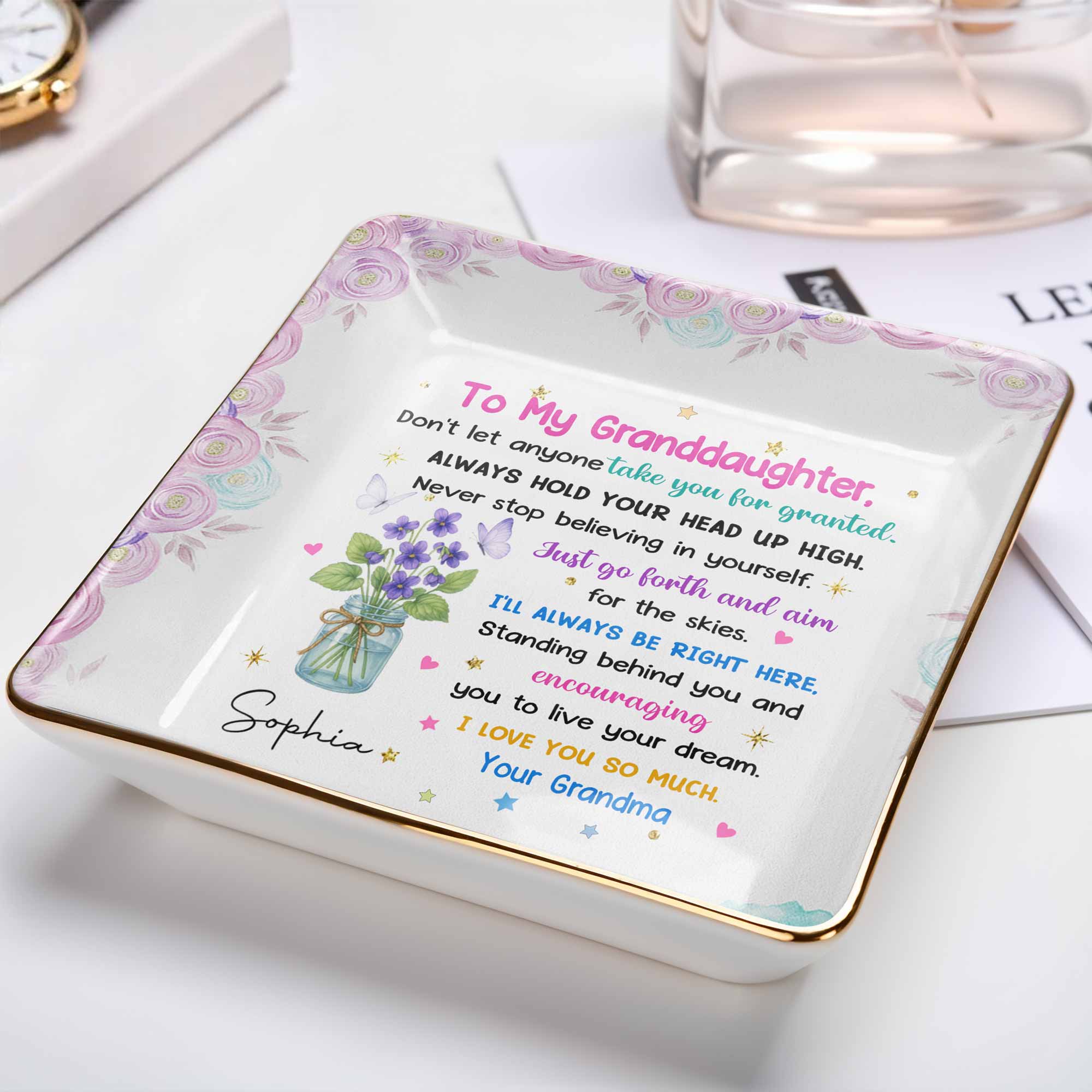 To My Granddaughter, Always Hold Your Head Up High, Flowers and Stars - Personalized Custom Jewelry Dish, Ceramic Dish, Square Shape - GDT329_SCRF