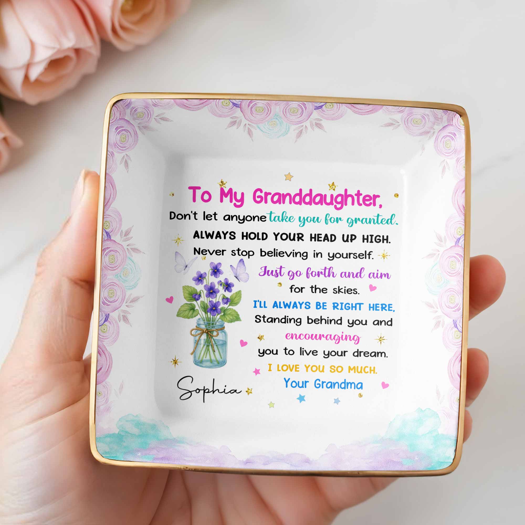 To My Granddaughter, Always Hold Your Head Up High, Flowers and Stars - Personalized Custom Jewelry Dish, Ceramic Dish, Square Shape - GDT329_SCRF