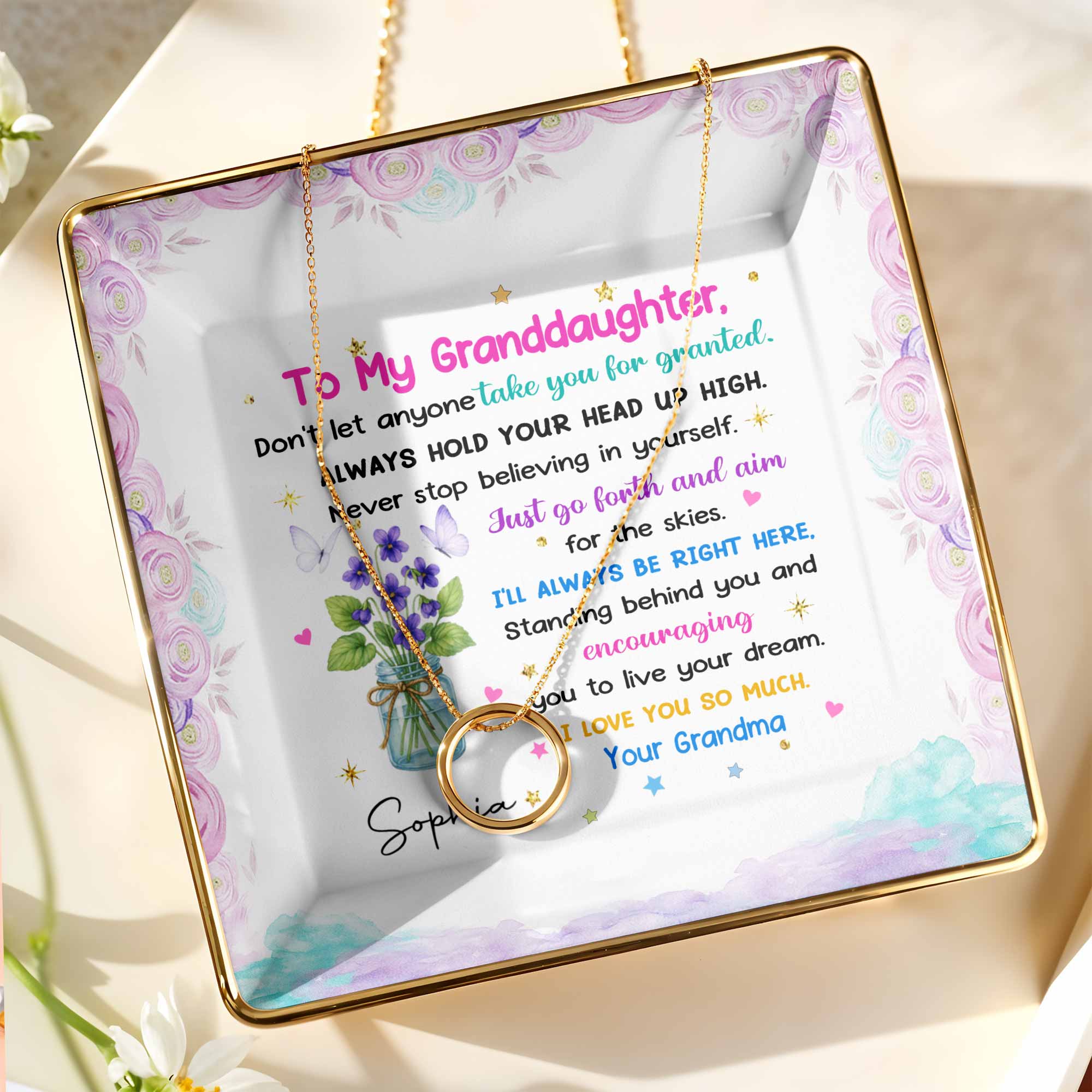 To My Granddaughter, Always Hold Your Head Up High, Flowers and Stars - Personalized Custom Jewelry Dish, Ceramic Dish, Square Shape - GDT329_SCRF
