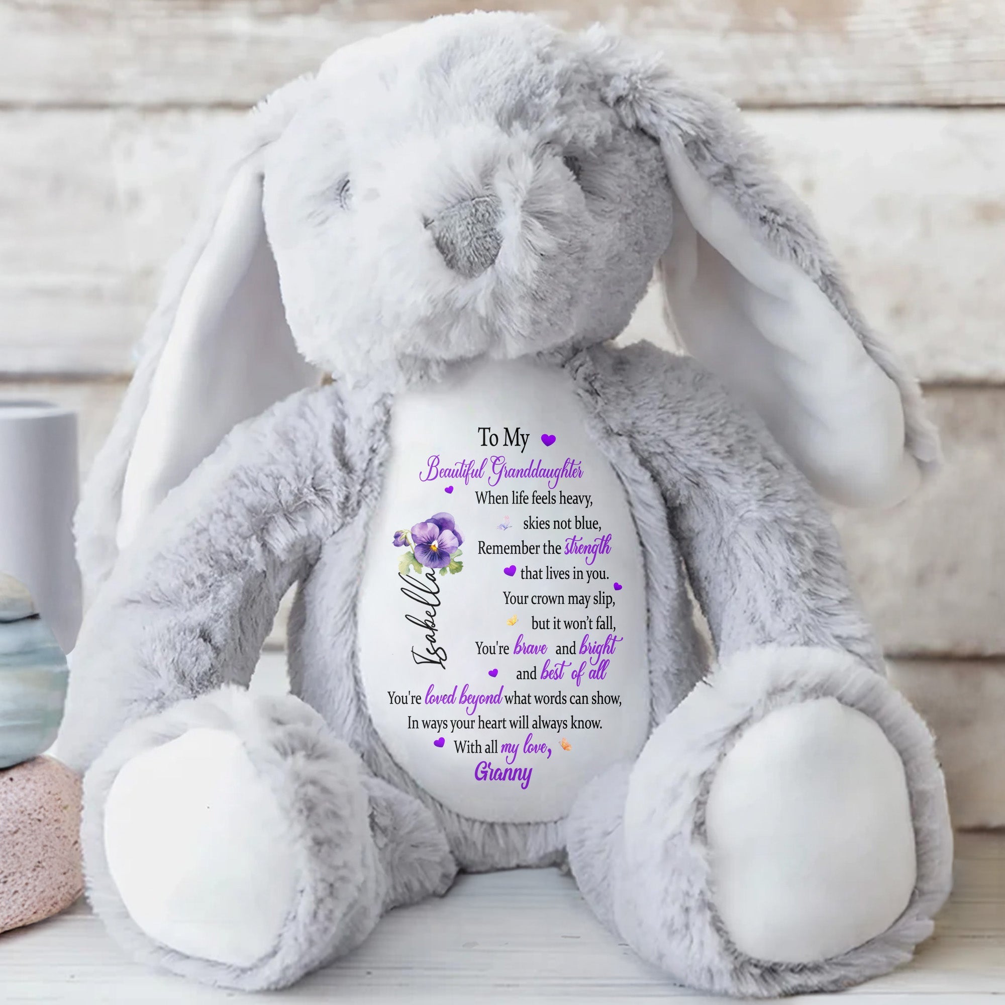 To My Beautiful Granddaughter, Hearts And Flowers - Personalized Stuffed Bunny - GDT345_BUN