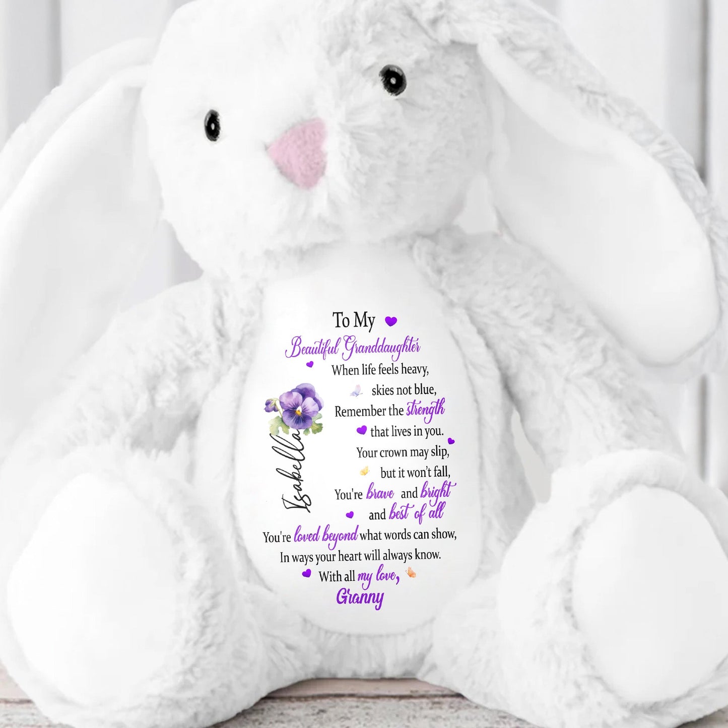 To My Beautiful Granddaughter, Hearts And Flowers - Personalized Stuffed Bunny - GDT345_BUN