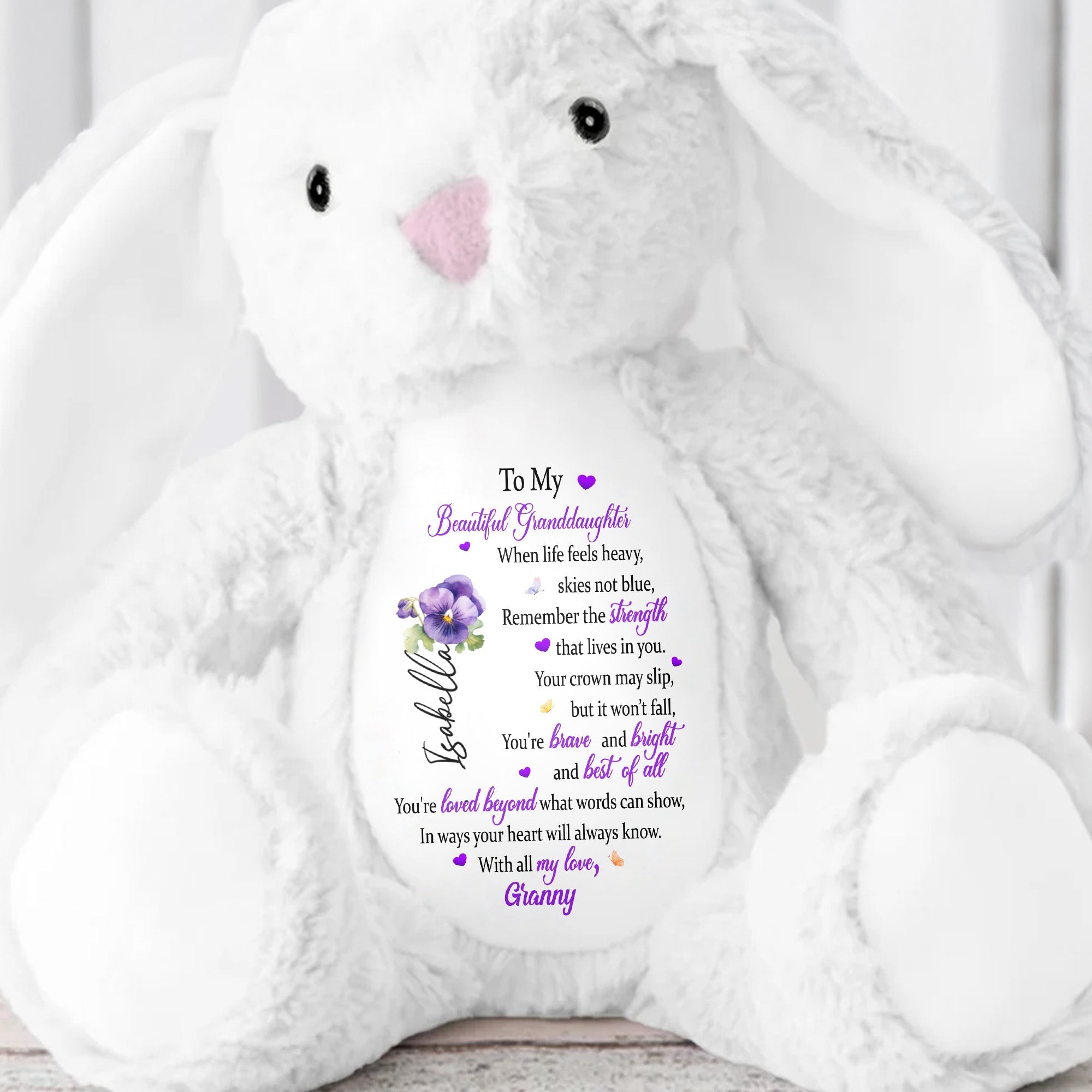 To My Beautiful Granddaughter, Hearts And Flowers - Personalized Stuffed Bunny - GDT345_BUN