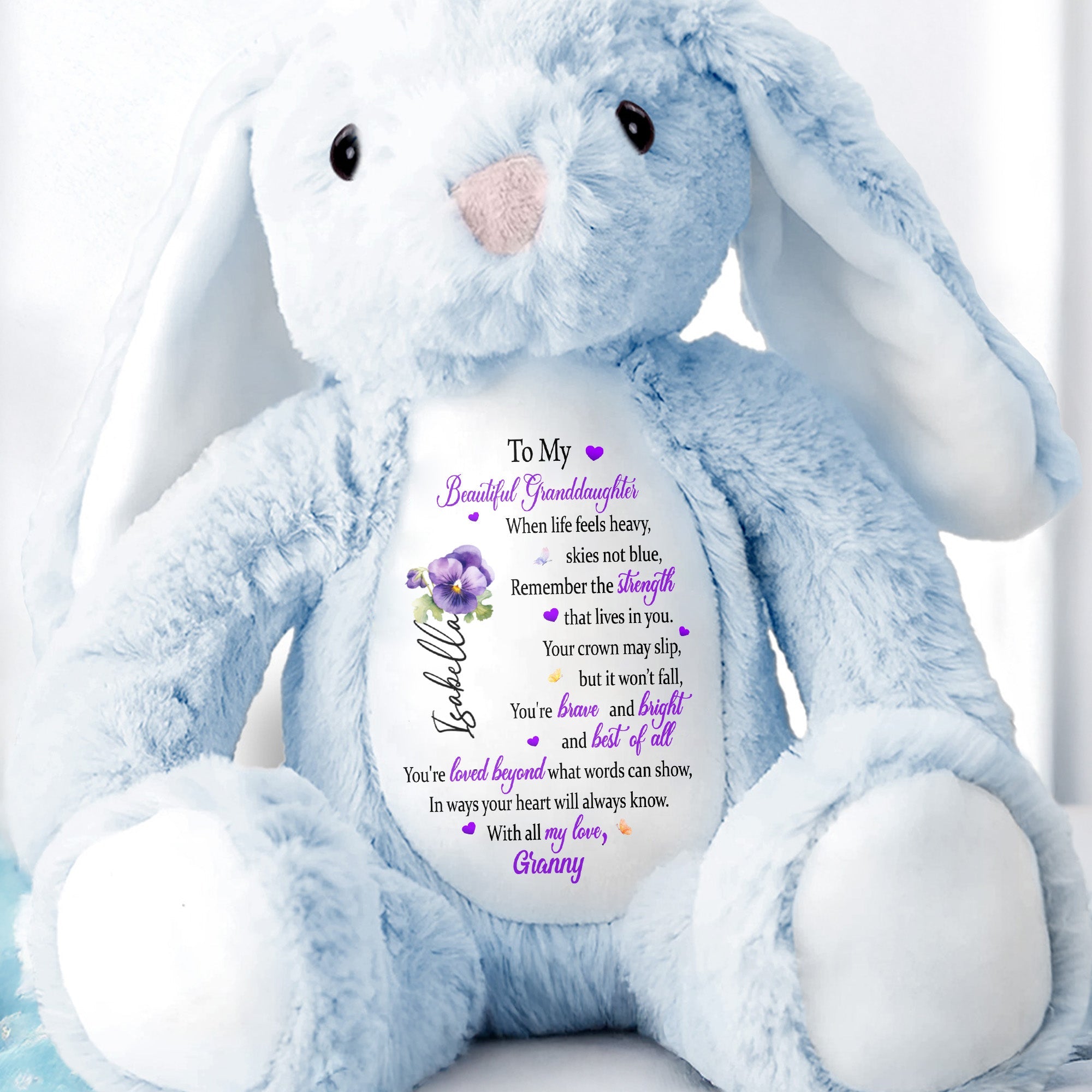To My Beautiful Granddaughter, Hearts And Flowers - Personalized Stuffed Bunny - GDT345_BUN