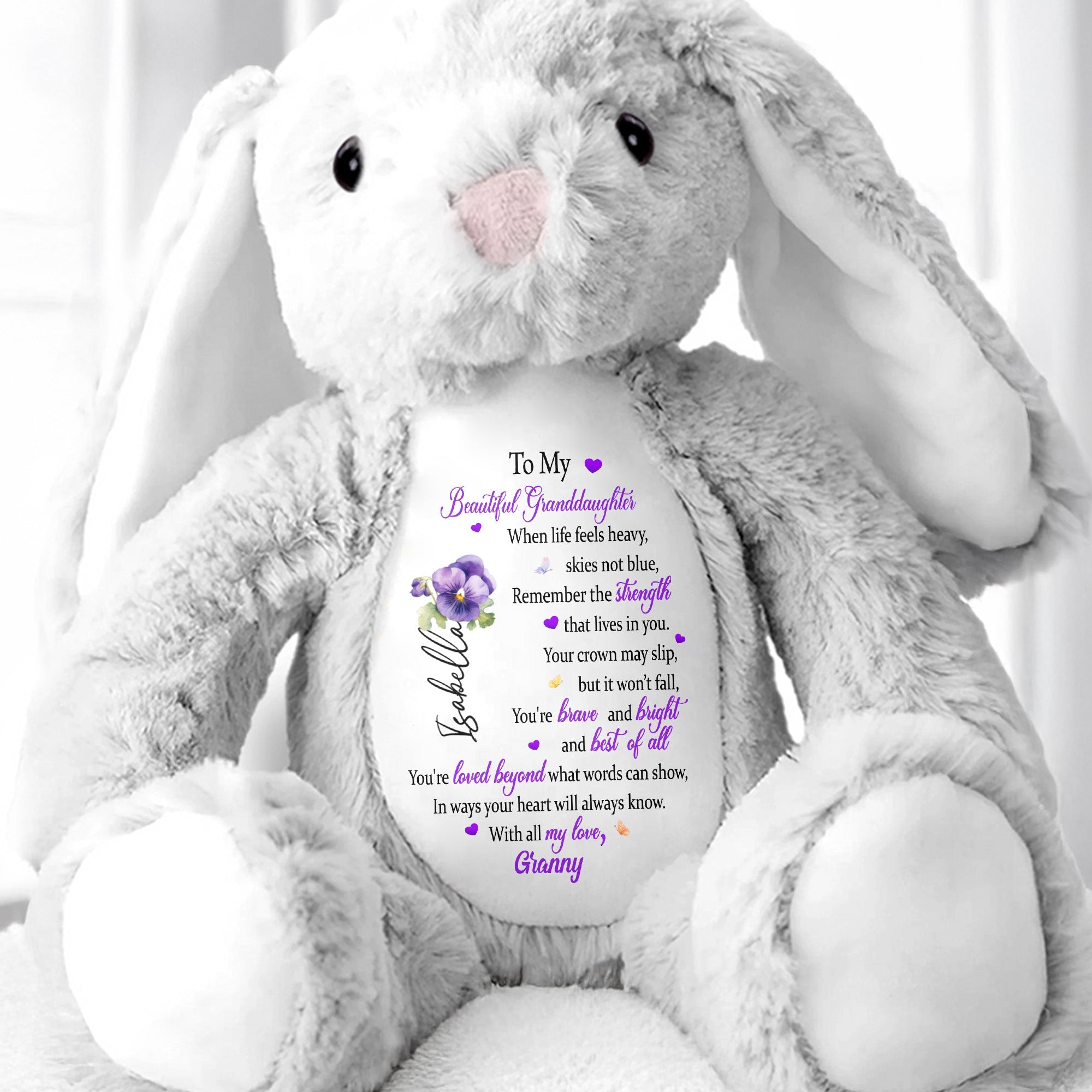 To My Beautiful Granddaughter, Hearts And Flowers - Personalized Stuffed Bunny - GDT345_BUN