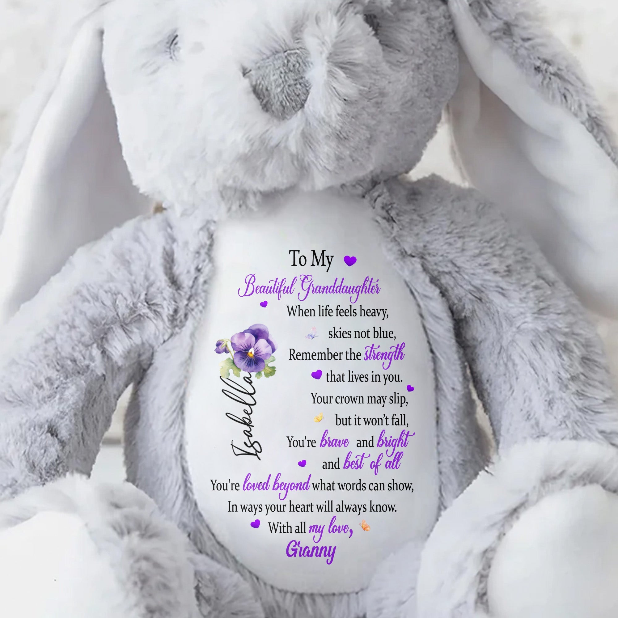 To My Beautiful Granddaughter, Hearts And Flowers - Personalized Stuffed Bunny - GDT345_BUN