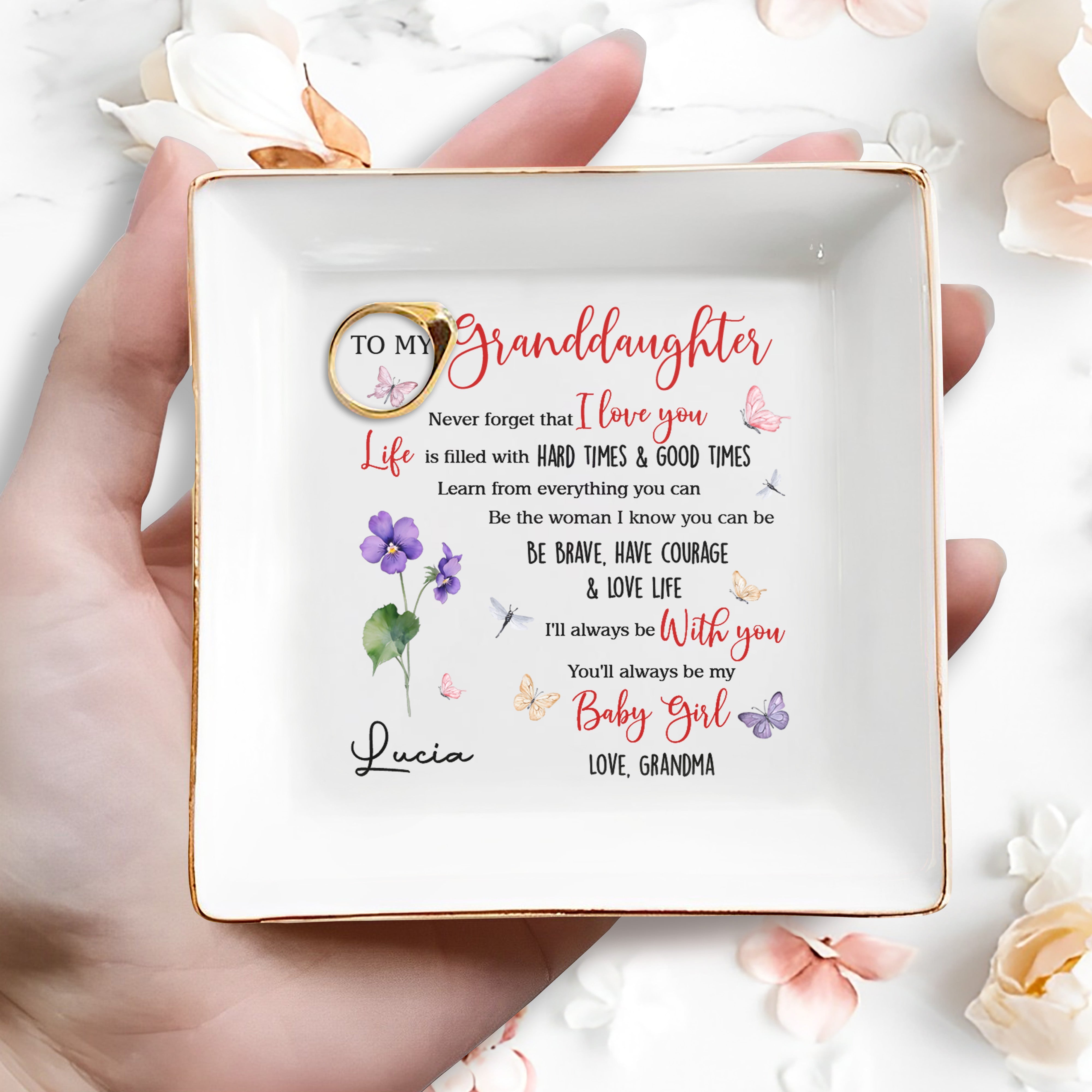 To My Granddaughter Love Life Butterflies Flowers - Personalized Custom Jewelry Dish, Square Ceramic Dish - GDT356_SCRD