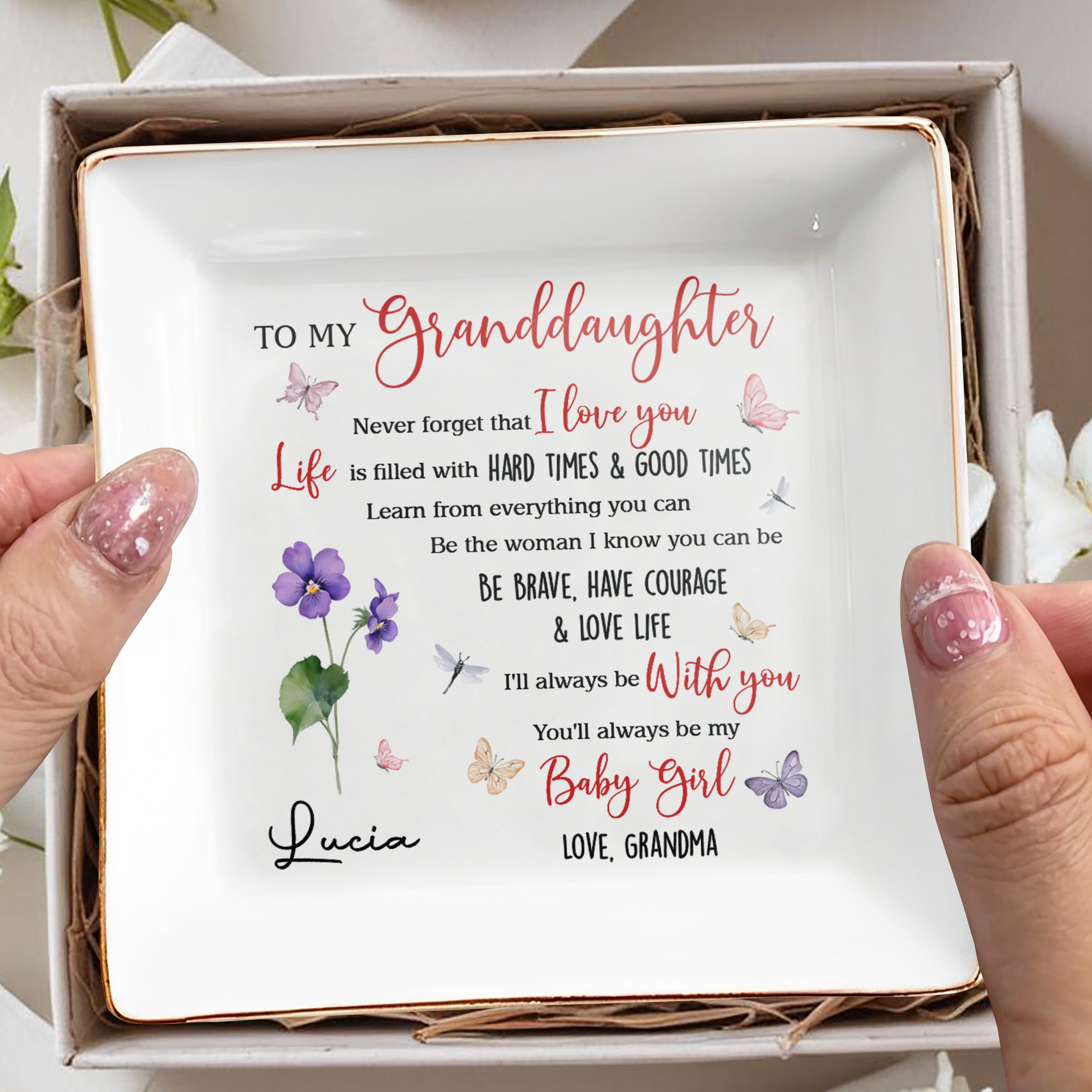 To My Granddaughter Love Life Butterflies Flowers - Personalized Custom Jewelry Dish, Square Ceramic Dish - GDT356_SCRD