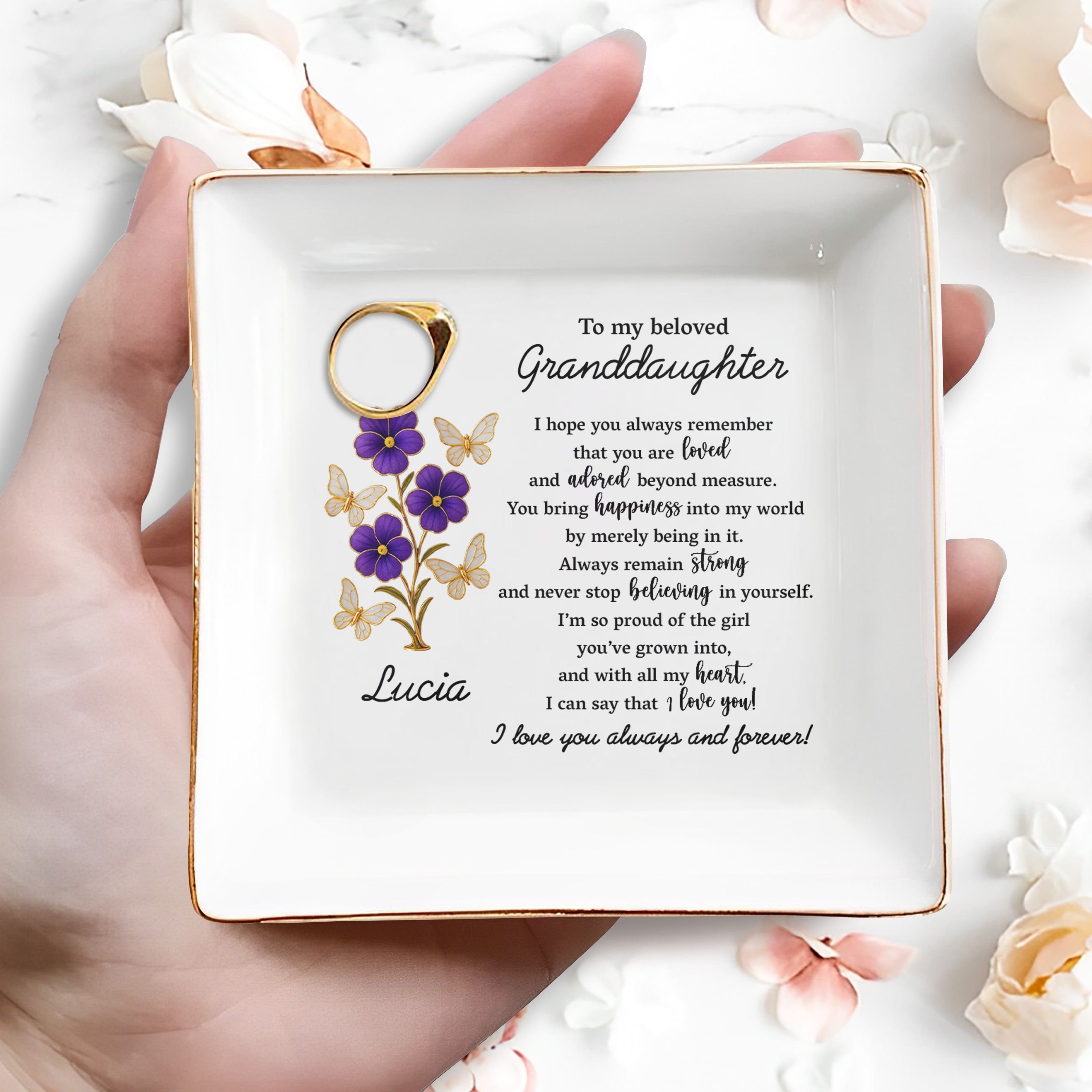 To My Beloved Granddaughter, Flowers And Butterflies - Personalized Custom Jewelry Dish, Square Ceramic Dish - GDT357_SCRD