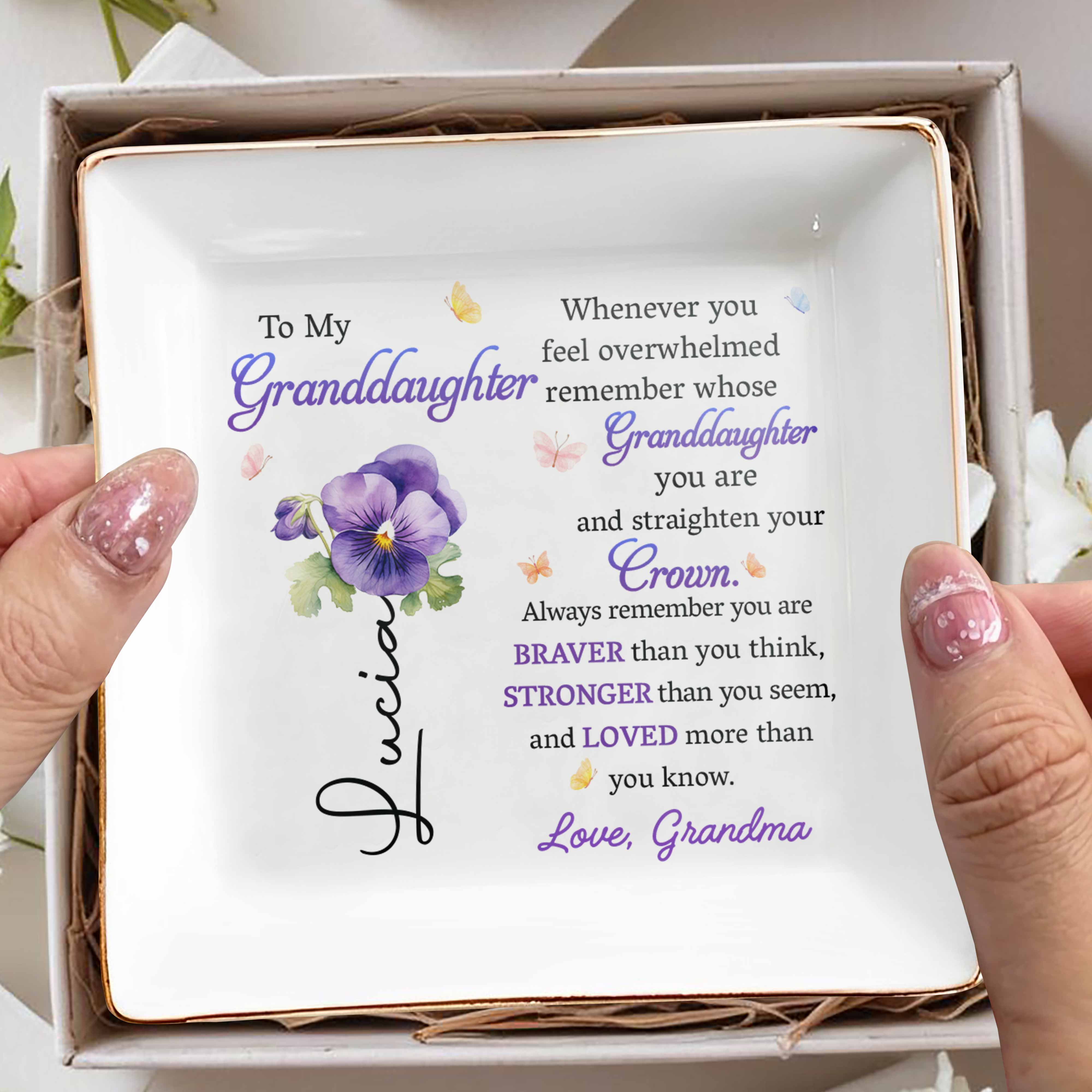Whenever You Feel Overwhelmed Remember Whose Granddaughter You Are - Personalized Custom Jewelry Dish, Square Ceramic Dish - GDT361_SCRD