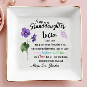 To My Granddaughter, Grace And Kindness, Flowers And Butterfly - Personalized Custom Jewelry Dish, Square Ceramic Dish - GDT363_SCRD