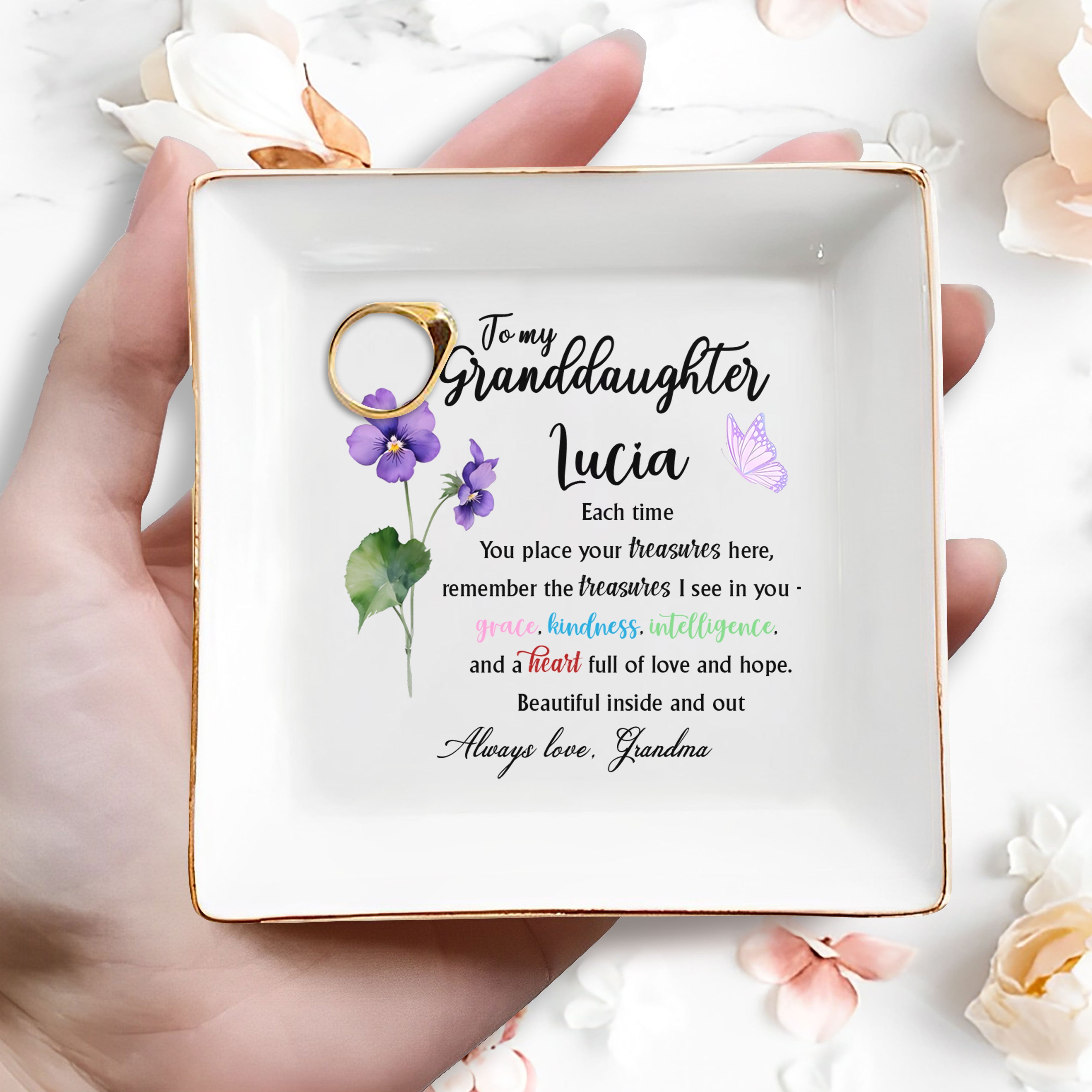 To My Granddaughter, Grace And Kindness, Flowers And Butterfly - Personalized Custom Jewelry Dish, Square Ceramic Dish - GDT363_SCRD