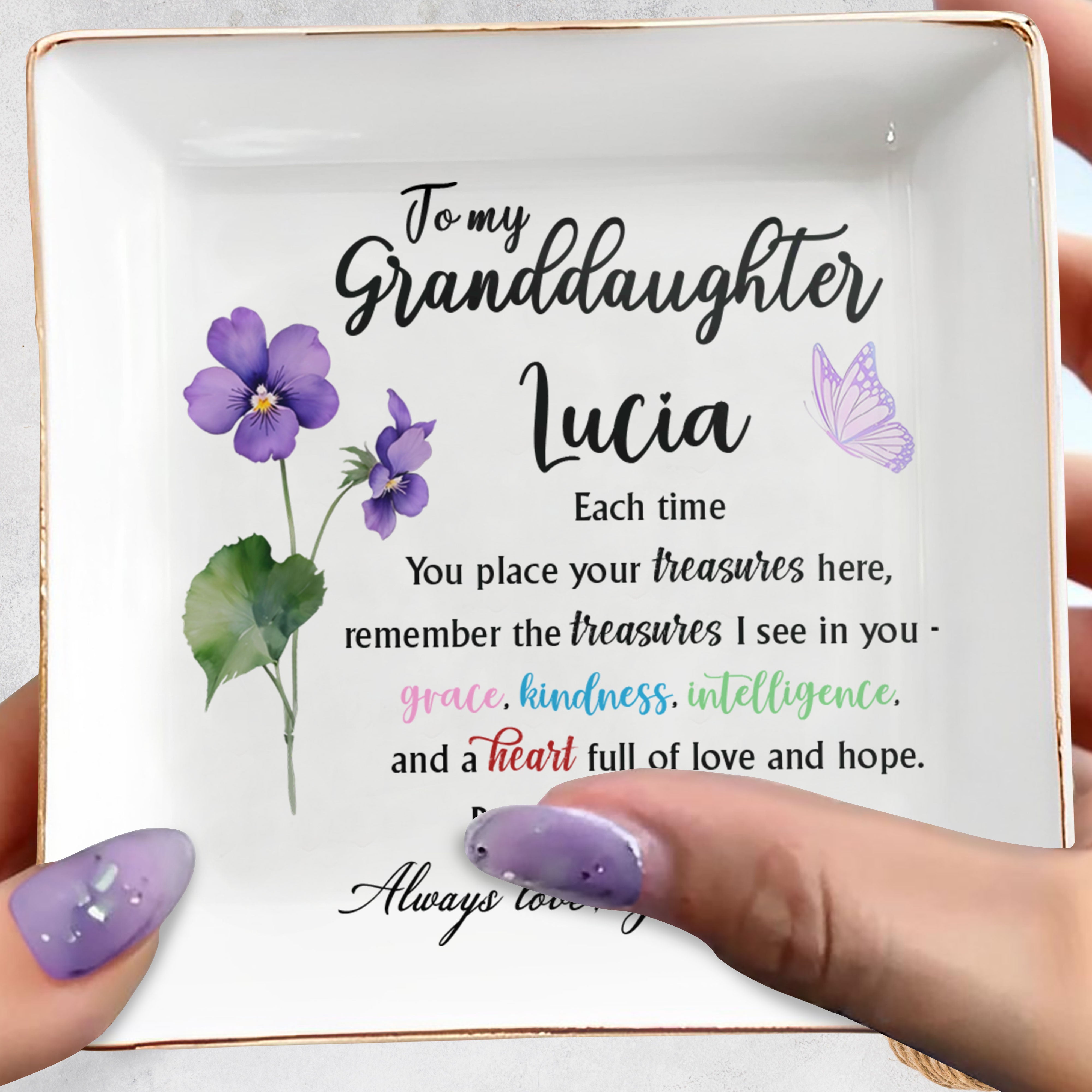 To My Granddaughter, Grace And Kindness, Flowers And Butterfly - Personalized Custom Jewelry Dish, Square Ceramic Dish - GDT363_SCRD
