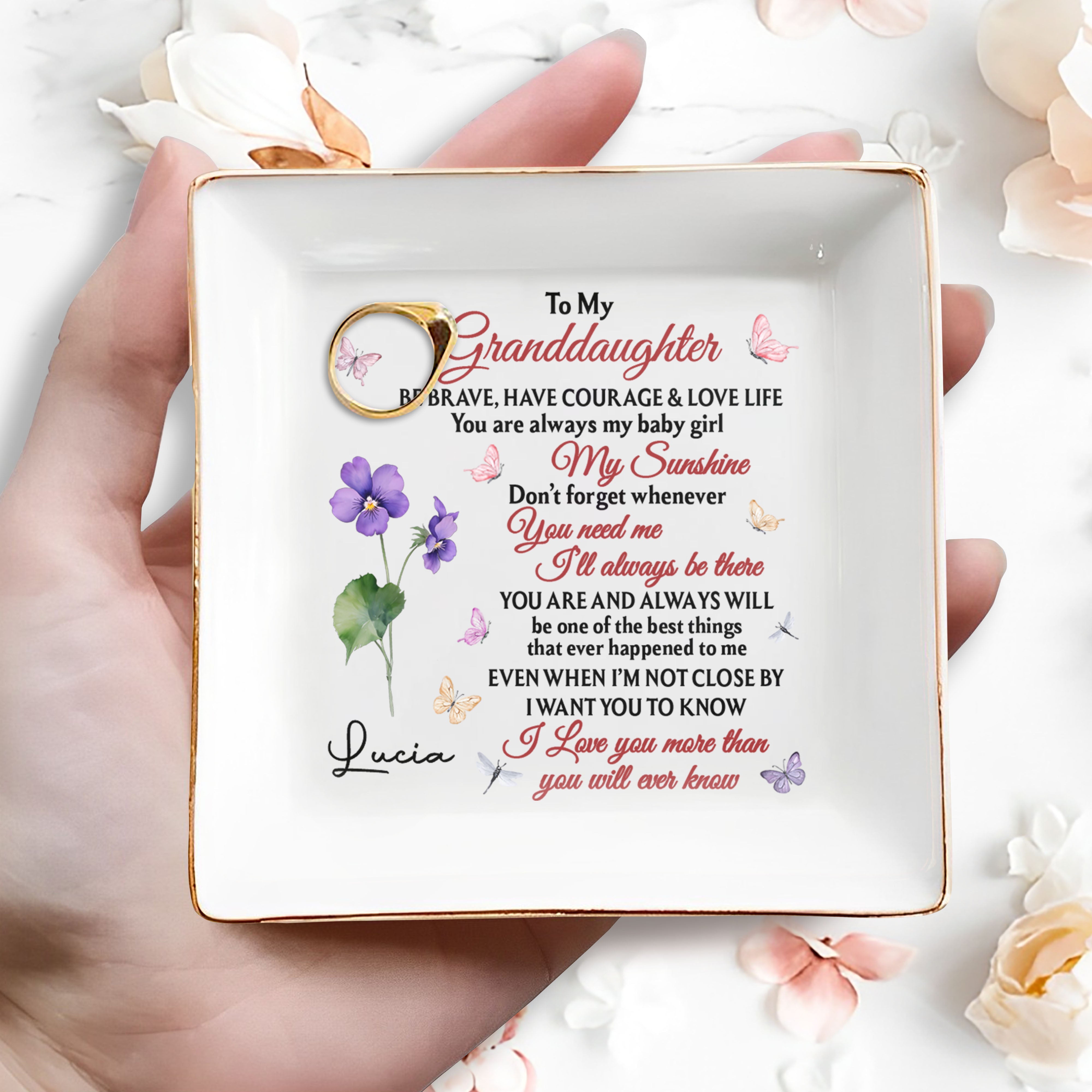 To My Granddaughter, Be Brave And Love Life With Butterflies - Personalized Custom Jewelry Dish, Square Ceramic Dish - GDT364_SCRD