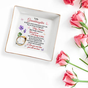 To My Granddaughter, Be Brave And Love Life With Butterflies - Personalized Custom Jewelry Dish, Square Ceramic Dish - GDT364_SCRD