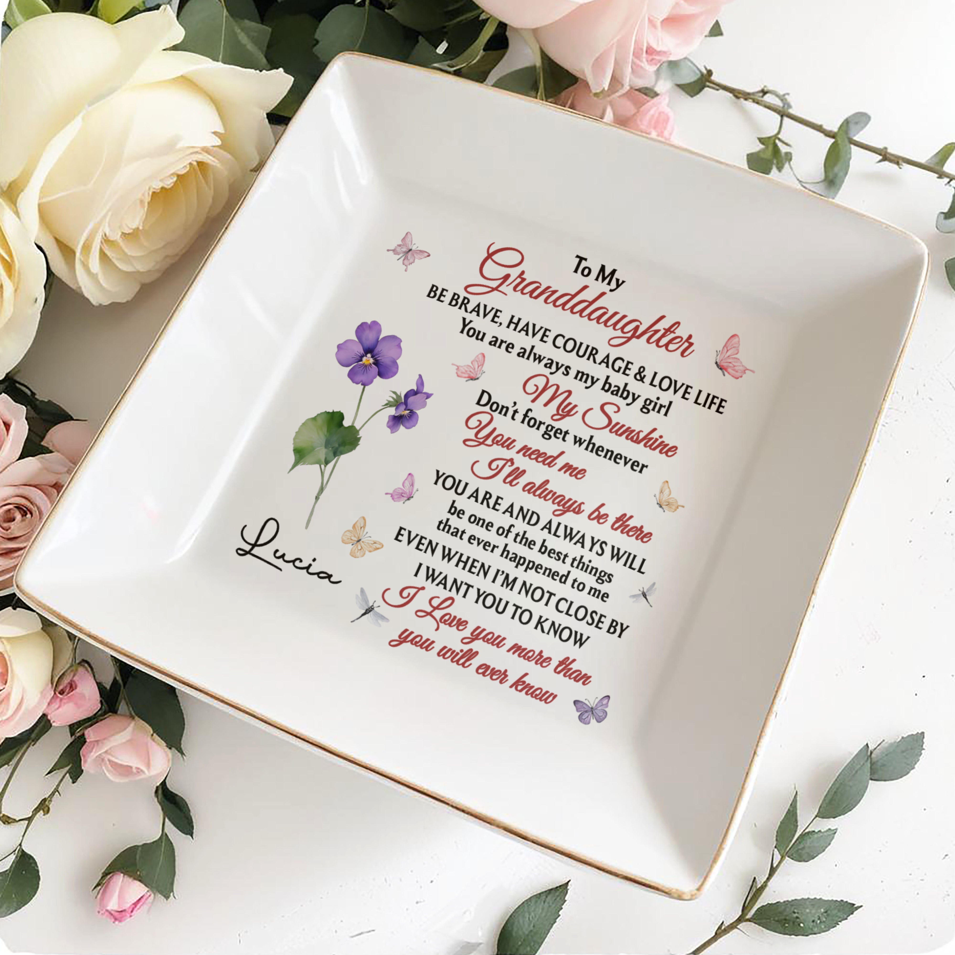 To My Granddaughter, Be Brave And Love Life With Butterflies - Personalized Custom Jewelry Dish, Square Ceramic Dish - GDT364_SCRD