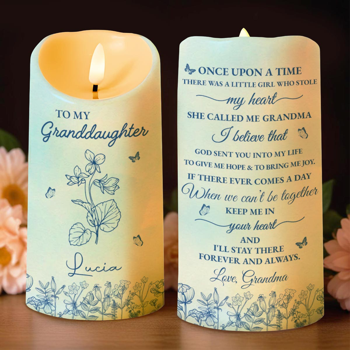 Once Upon A Time, Flowers and Butterflies LED Candle - Personalized Custom LED Candle - GDT366_LECA