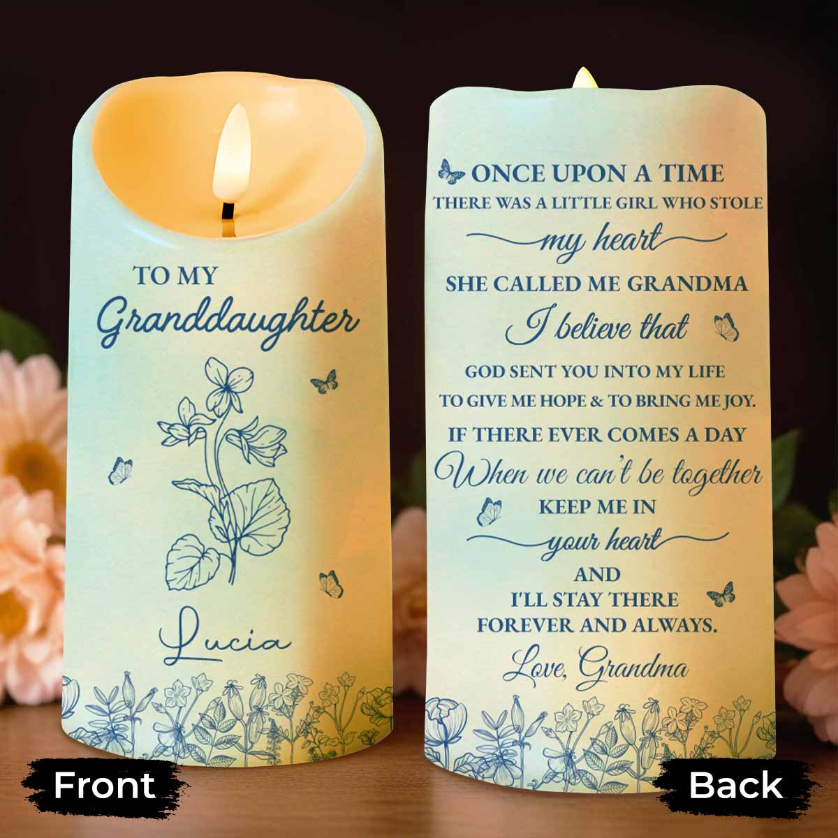 Once Upon A Time, Flowers and Butterflies LED Candle - Personalized Custom LED Candle - GDT366_LECA