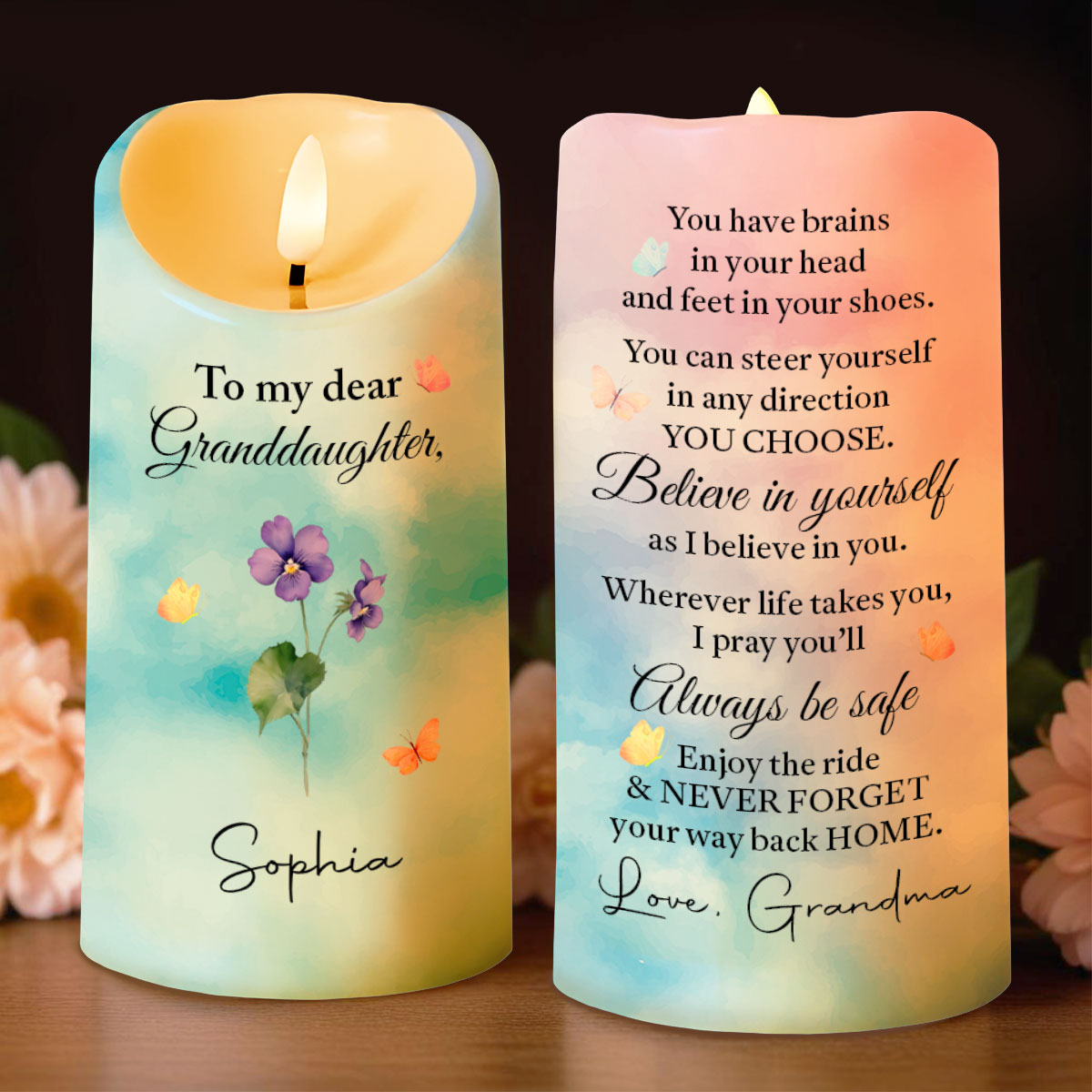 To My Dear Granddaughter, Flowers and Butterflies - Personalized Custom LED Candle - GDT369_LECA