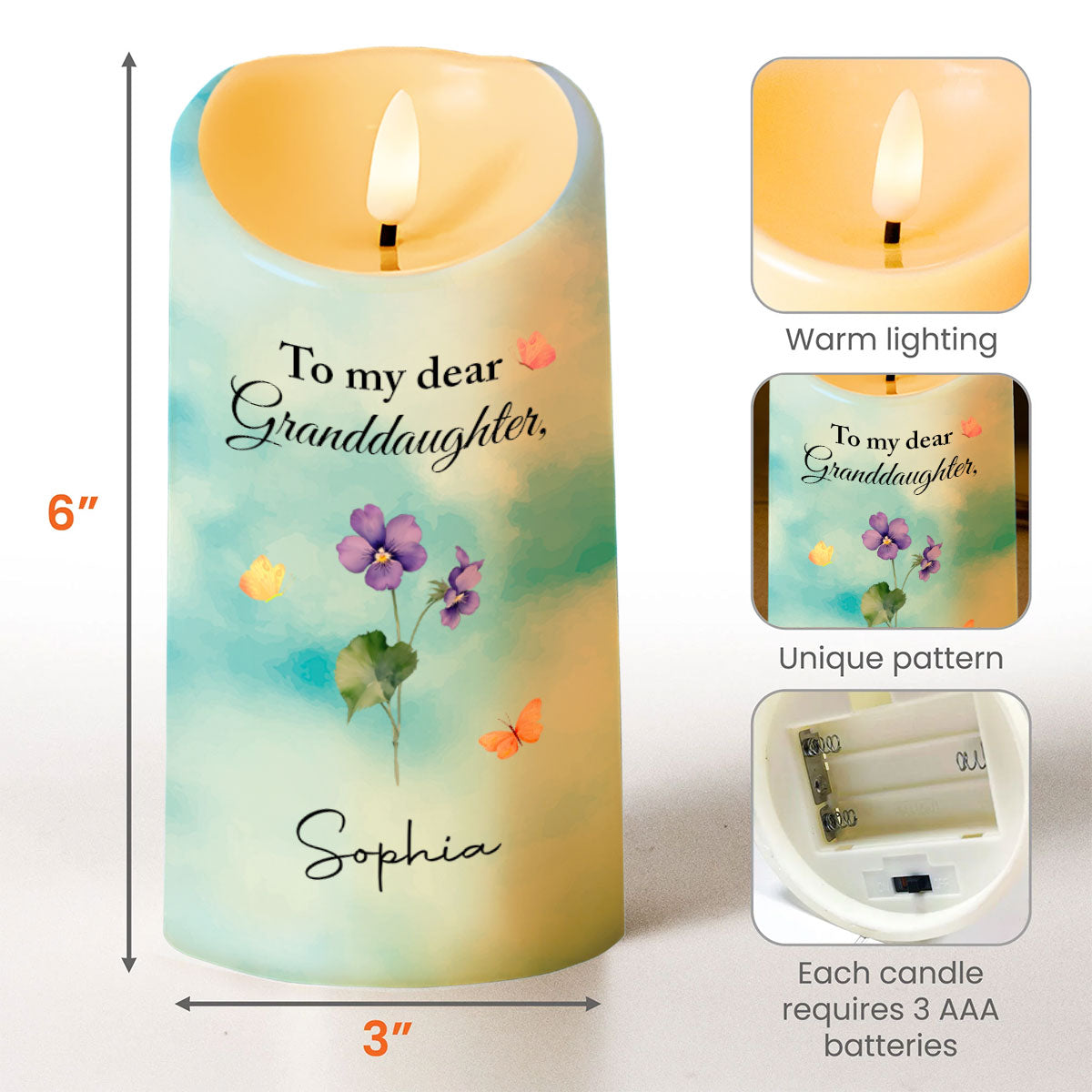 To My Dear Granddaughter, Flowers and Butterflies - Personalized Custom LED Candle - GDT369_LECA