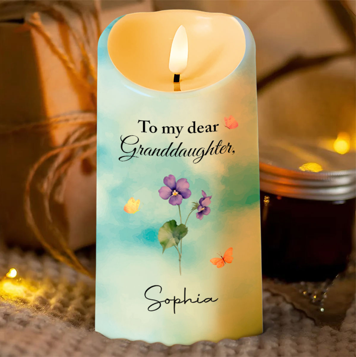 To My Dear Granddaughter, Flowers and Butterflies - Personalized Custom LED Candle - GDT369_LECA