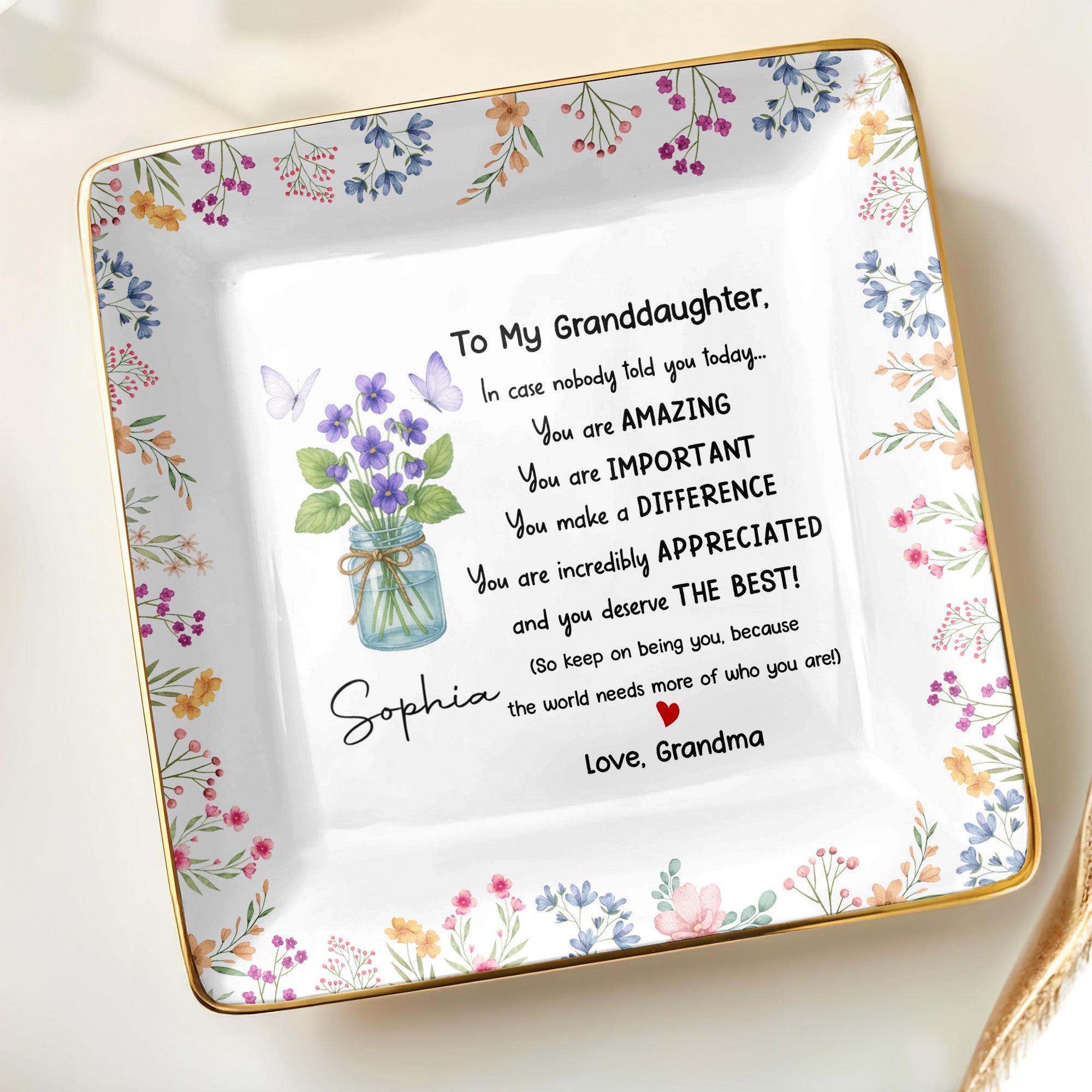 To My Granddaughter, You Are Amazing With Flowers And Butterfly - Personalized Custom Jewelry Dish, Ceramic Dish, Square Shape - GDT371_SCRF