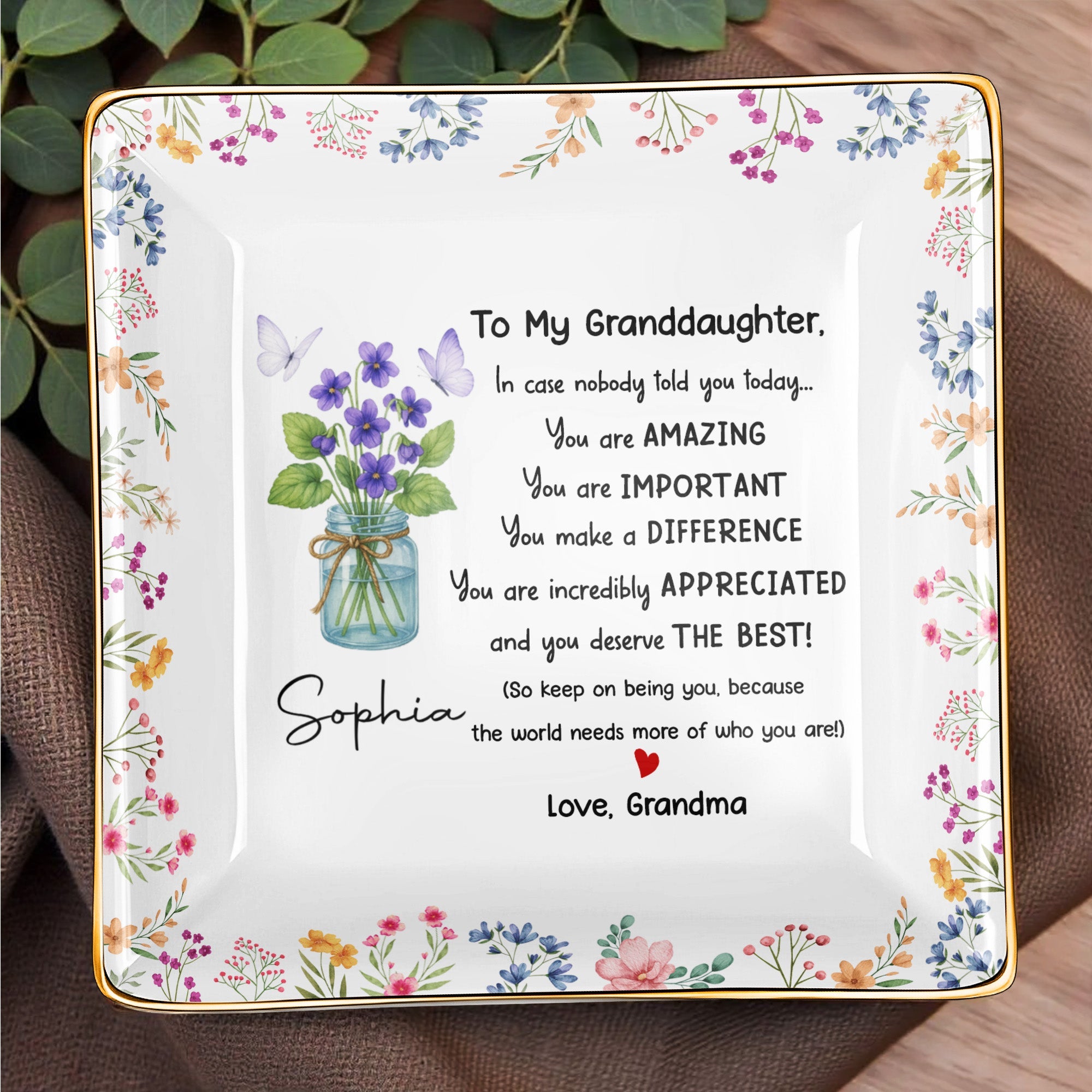 To My Granddaughter, You Are Amazing With Flowers And Butterfly - Personalized Custom Jewelry Dish, Ceramic Dish, Square Shape - GDT371_SCRF