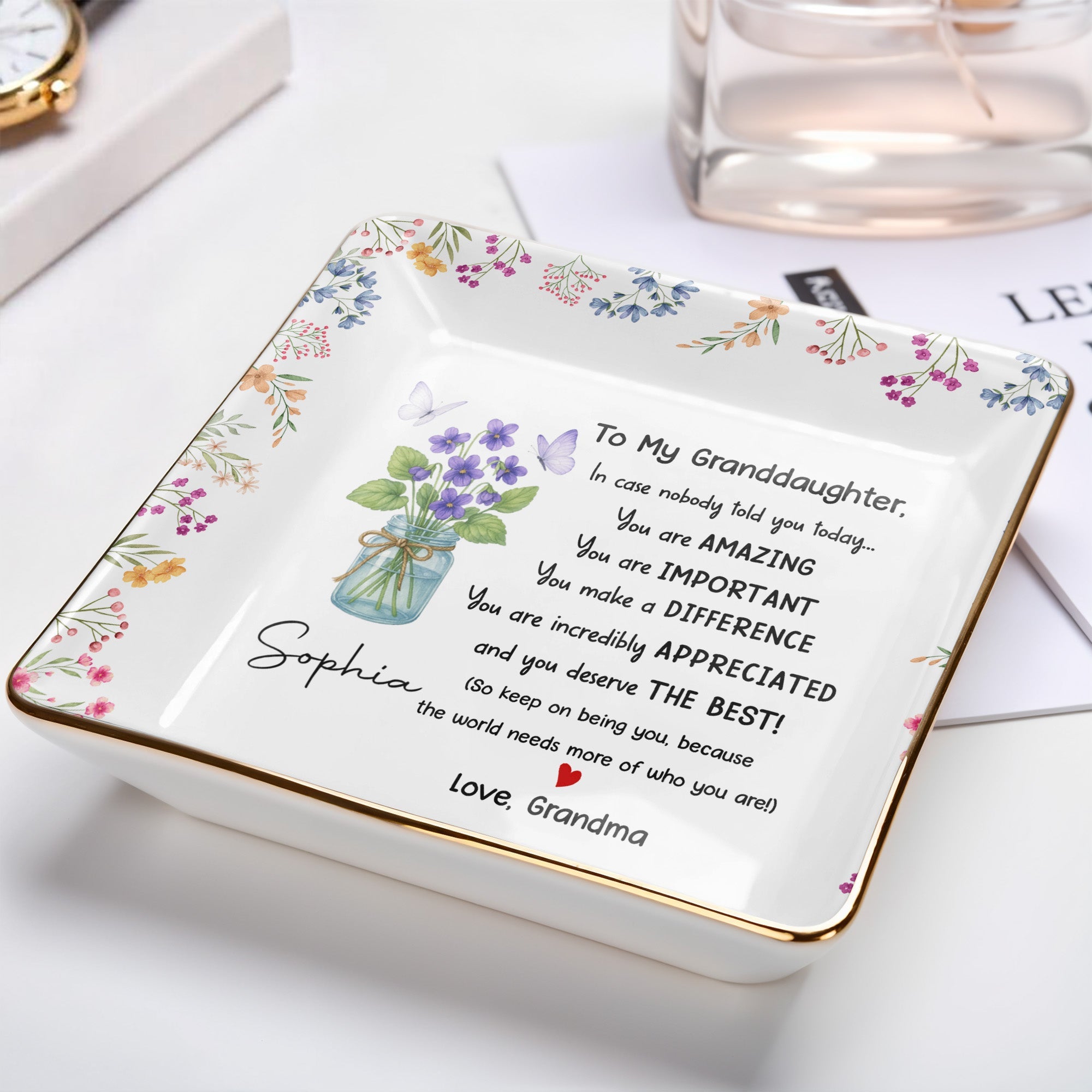To My Granddaughter, You Are Amazing With Flowers And Butterfly - Personalized Custom Jewelry Dish, Ceramic Dish, Square Shape - GDT371_SCRF