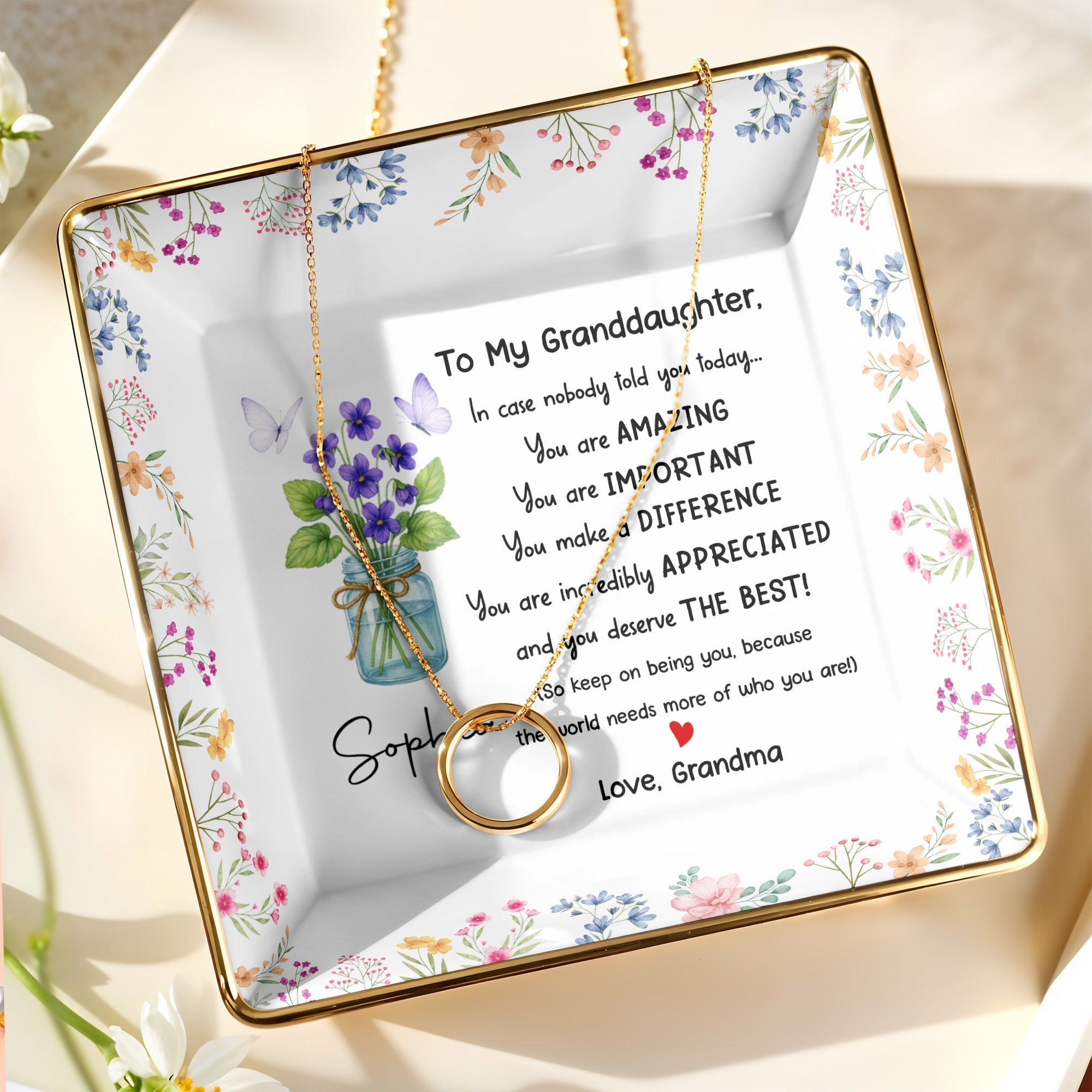 To My Granddaughter, You Are Amazing With Flowers And Butterfly - Personalized Custom Jewelry Dish, Ceramic Dish, Square Shape - GDT371_SCRF