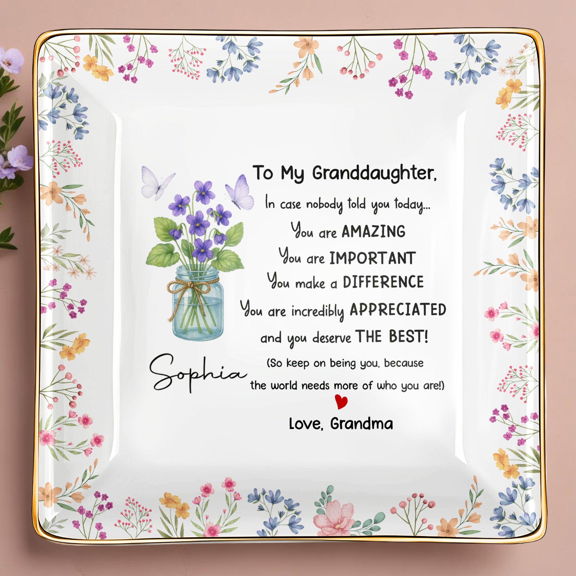 To My Granddaughter, You Are Amazing With Flowers And Butterfly - Personalized Custom Jewelry Dish, Ceramic Dish, Square Shape - GDT371_SCRF