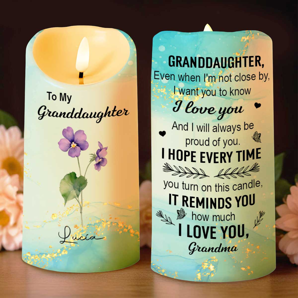 To My Granddaughter, Love From Grandma, Flowers - Personalized Custom LED Candle - GDT373_LECA