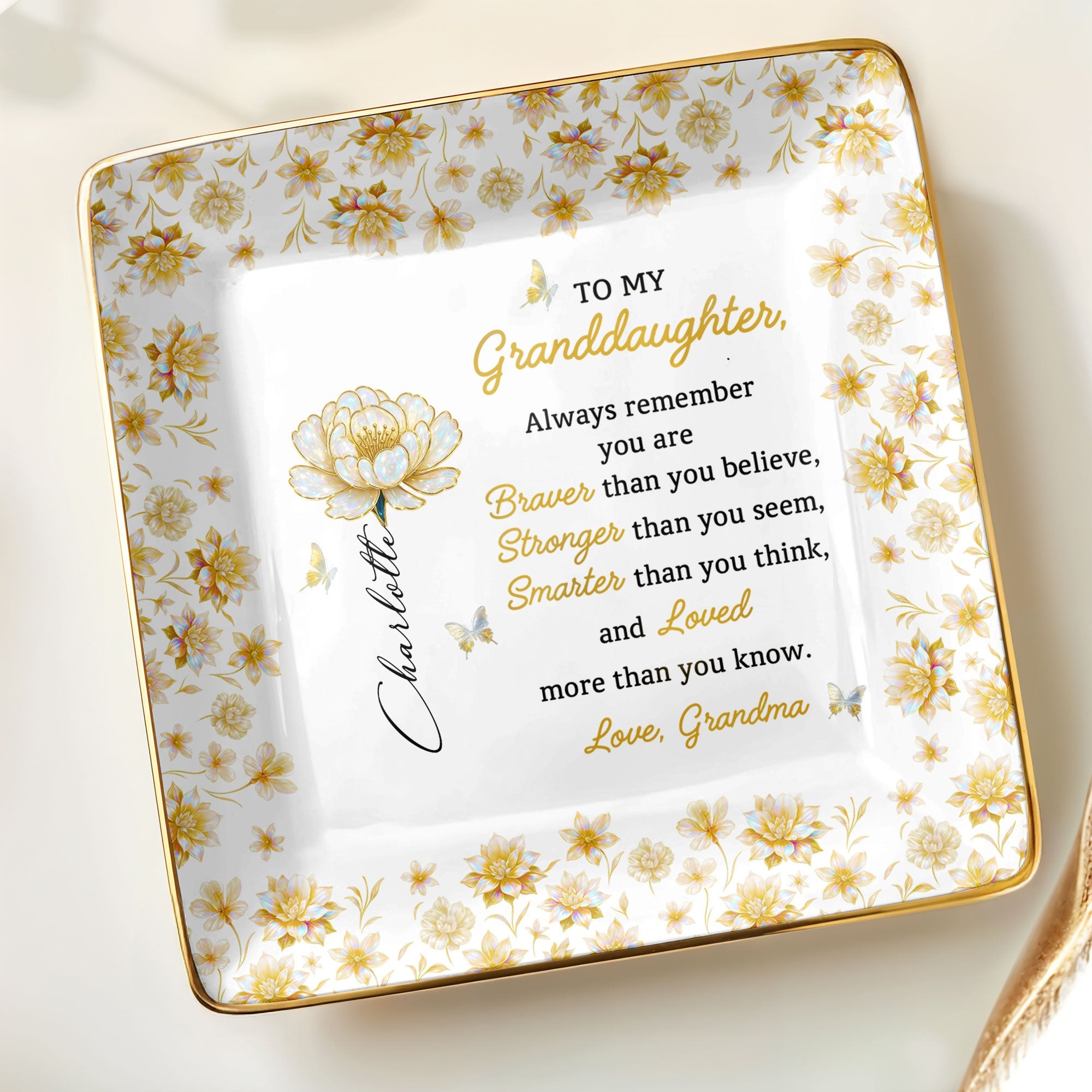 To My Granddaughter, Always Remember, Flowers And Butterflies - Personalized Custom Jewelry Dish, Ceramic Dish, Square Shape - GDT377_SCRF