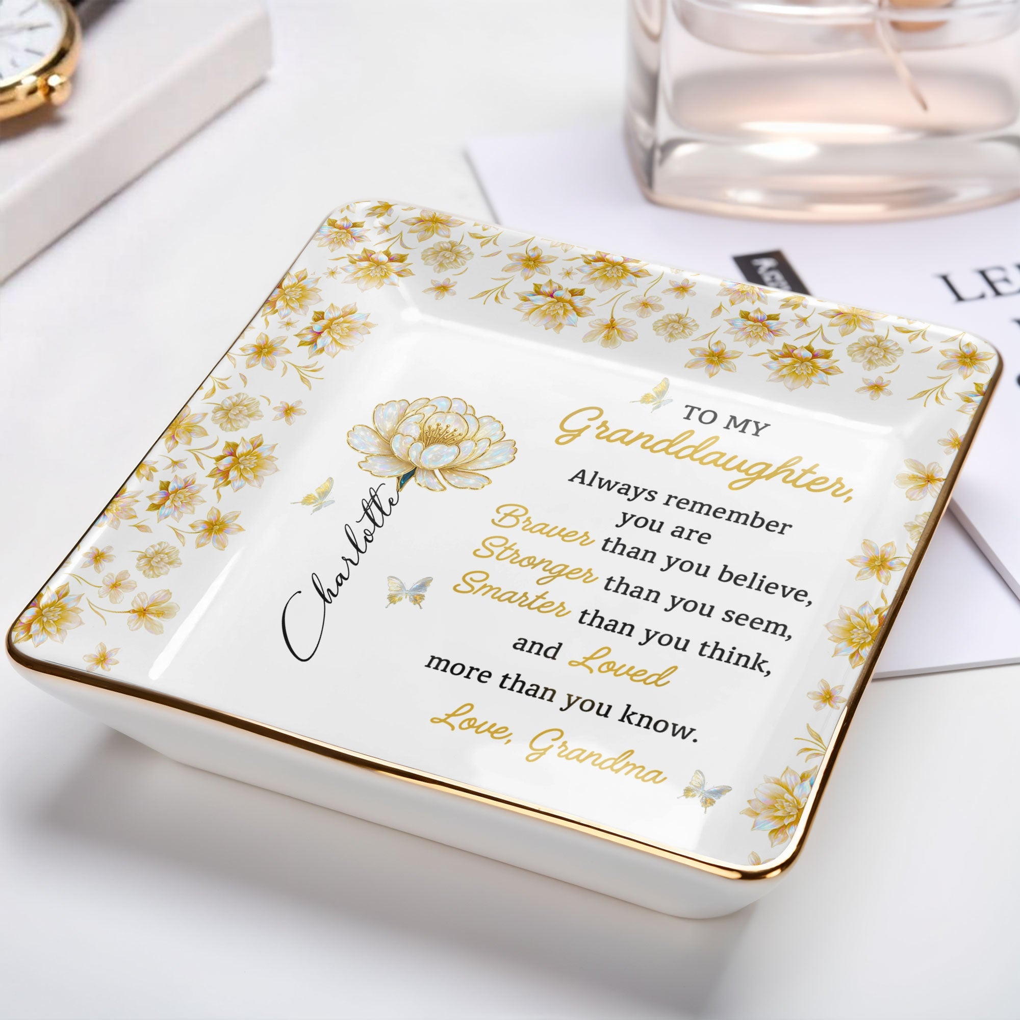 To My Granddaughter, Always Remember, Flowers And Butterflies - Personalized Custom Jewelry Dish, Ceramic Dish, Square Shape - GDT377_SCRF